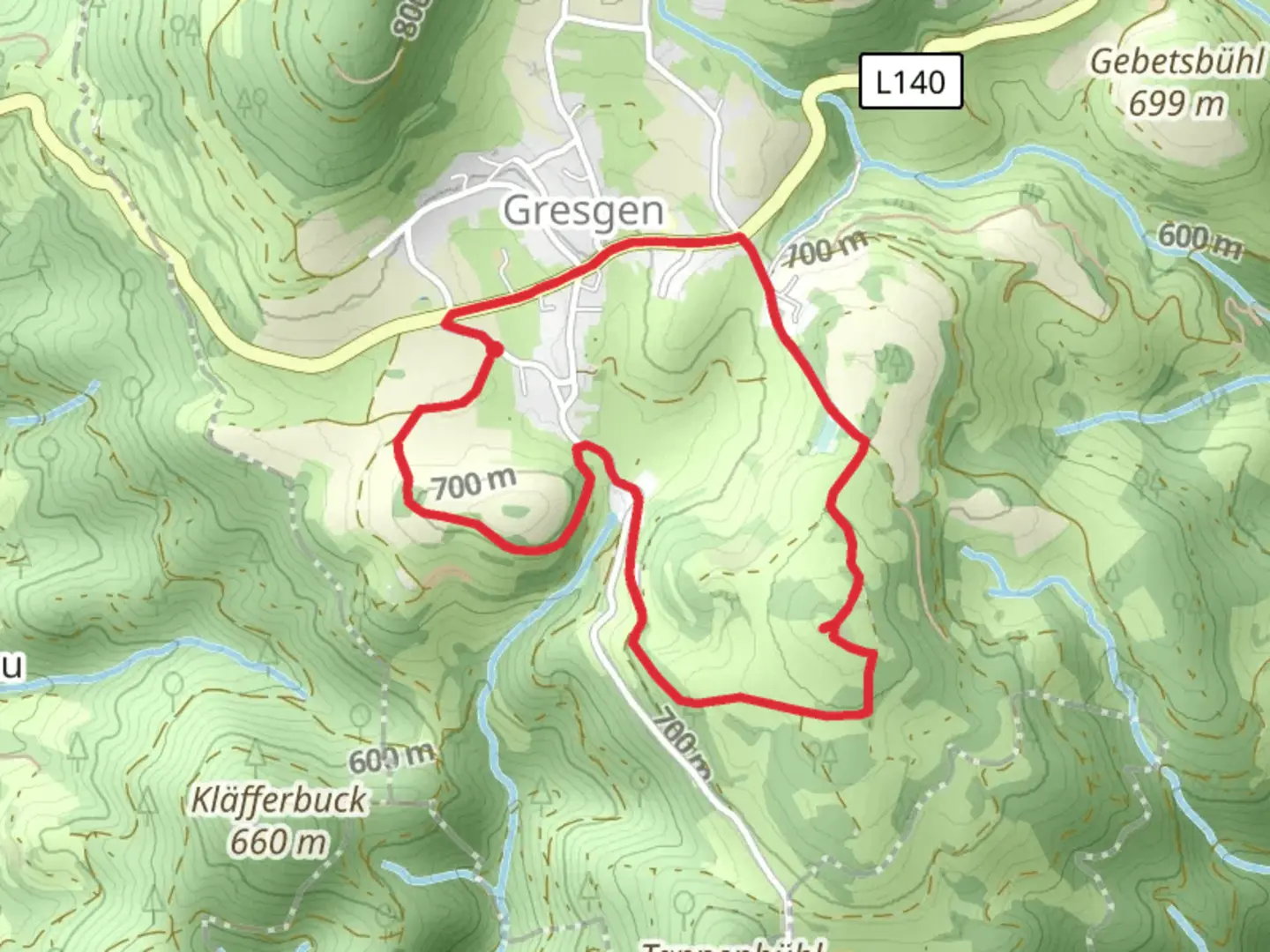 An image depicting the trail Ruemmelesbuehl via Hummelsberg Rundweg and Gresgen and its surrounding area.