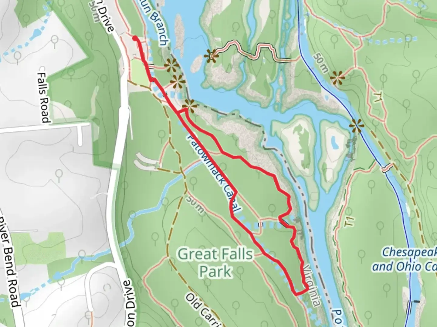 An image depicting the trail Patowmack Canal ruins and River Loop and its surrounding area.