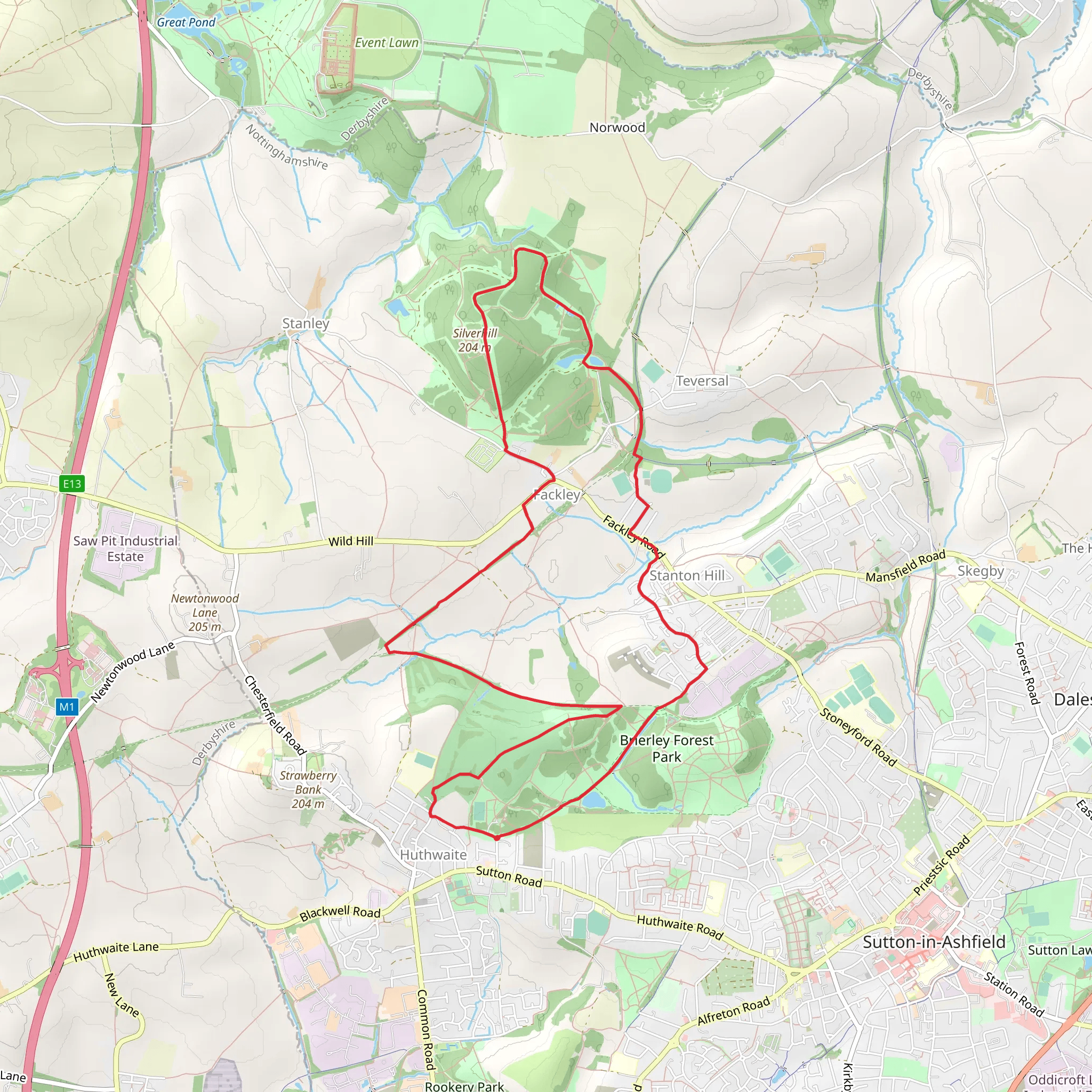 Fackley and Brierley Forest Country Park Loop mobile static map