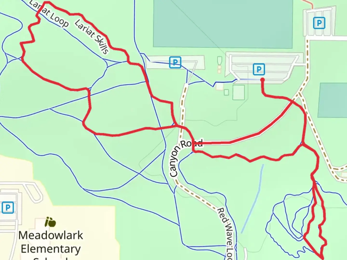 An image depicting the trail Lariat Skills and Donte's Drop Loop and its surrounding area.