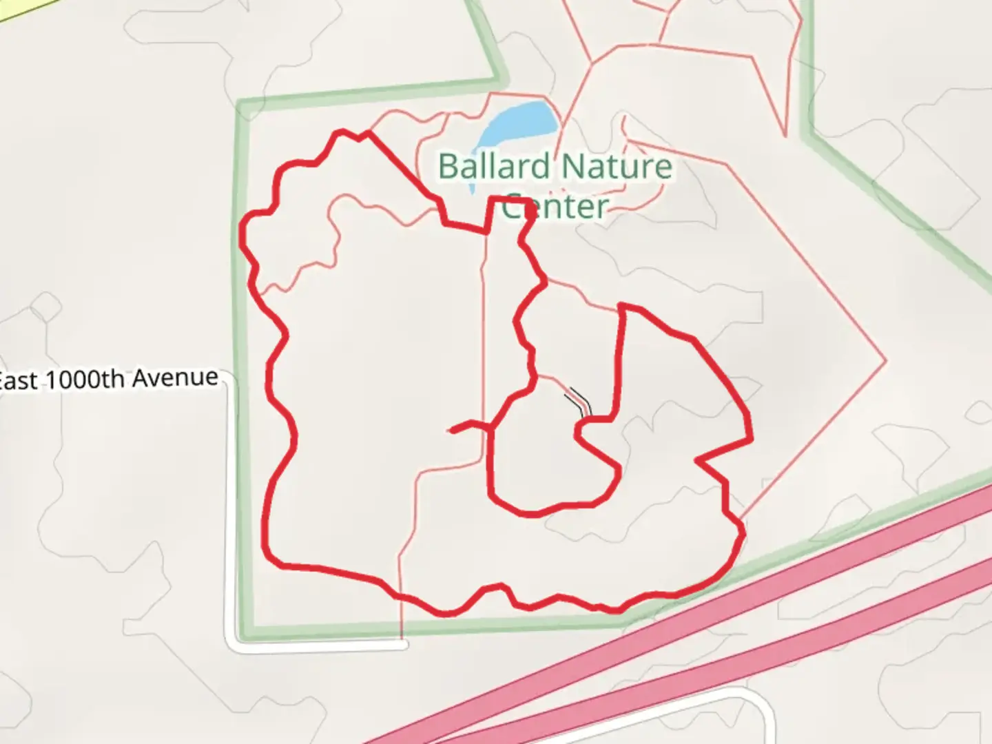 An image depicting the trail Loop around Ballard Fishing Pond and its surrounding area.