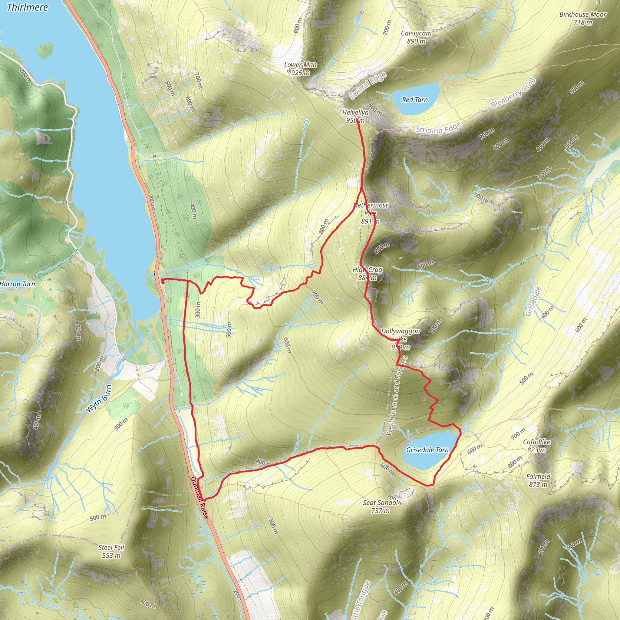 Helvellyn, Nethermost Pike, Dollywaggon Pike and Grisedale Tarn via Coast to Coast Walk mobile static map