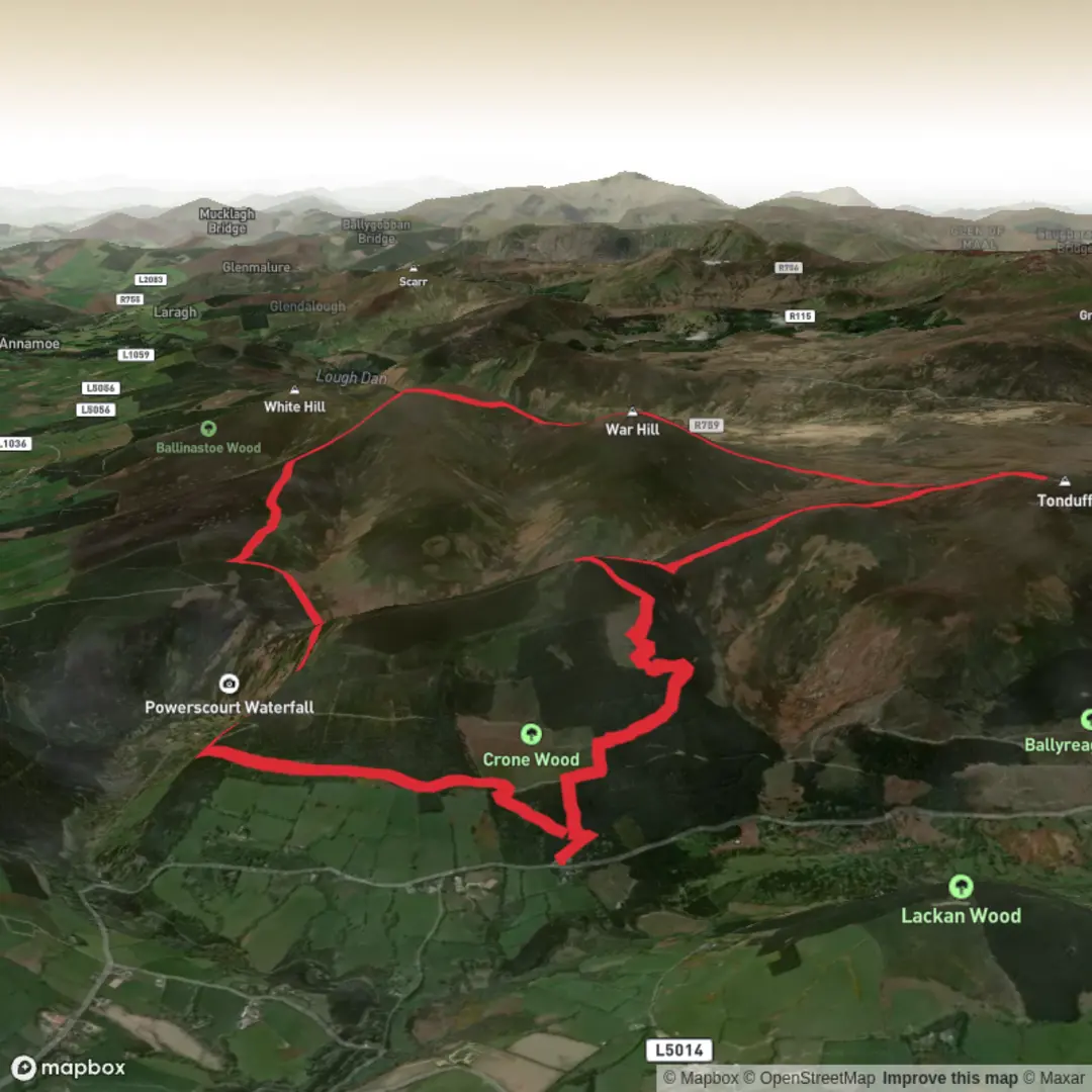 An image depicting the trail Crone-Tonduff-War Hill-Djouce Loop. and its surrounding area.
