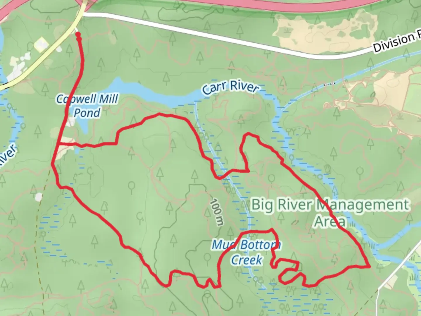 An image depicting the trail Burnt Sawmill Road, Steeple Chase and Sizzler Loop and its surrounding area.