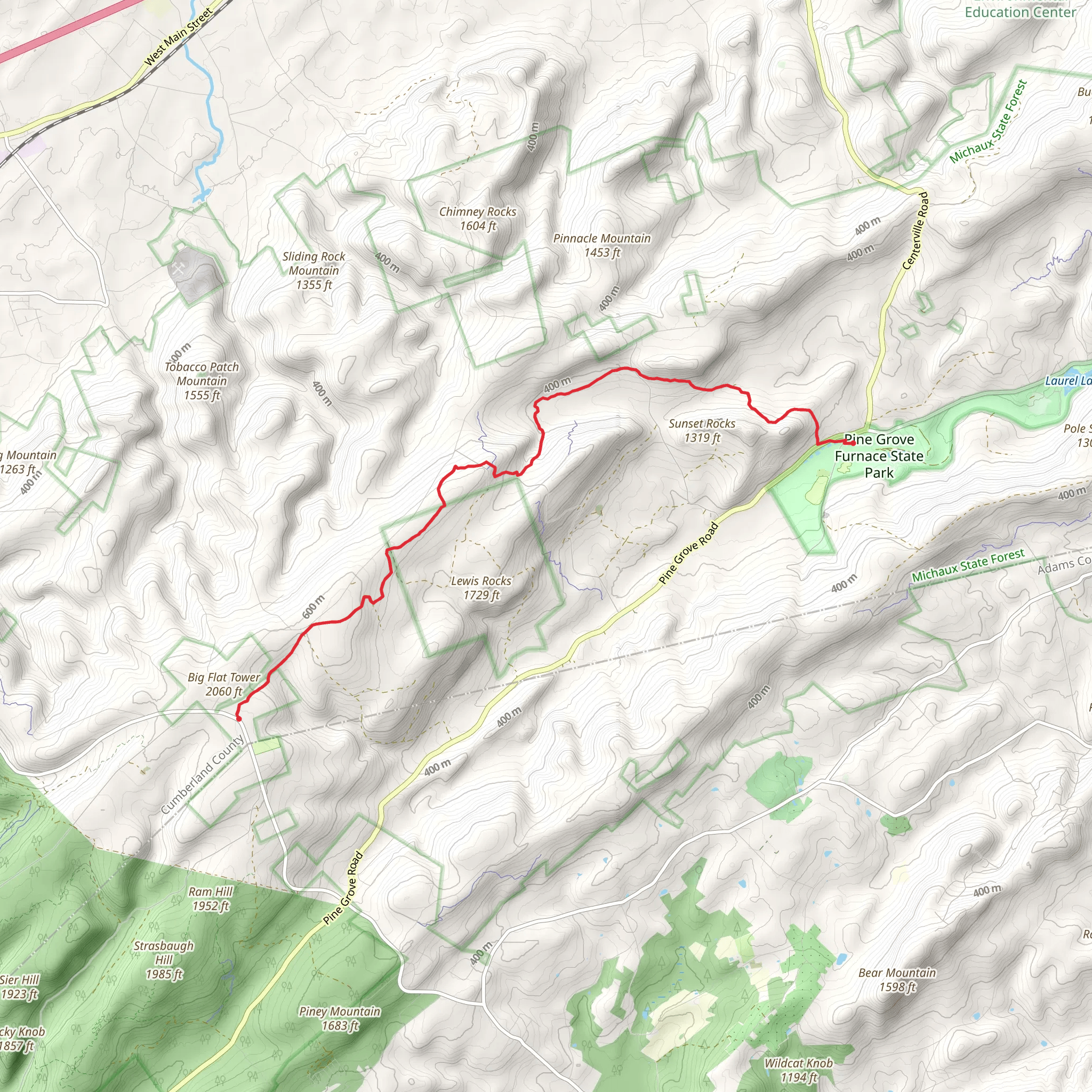 Big Flats Tower to Pine Grove Furnace State Park mobile static map