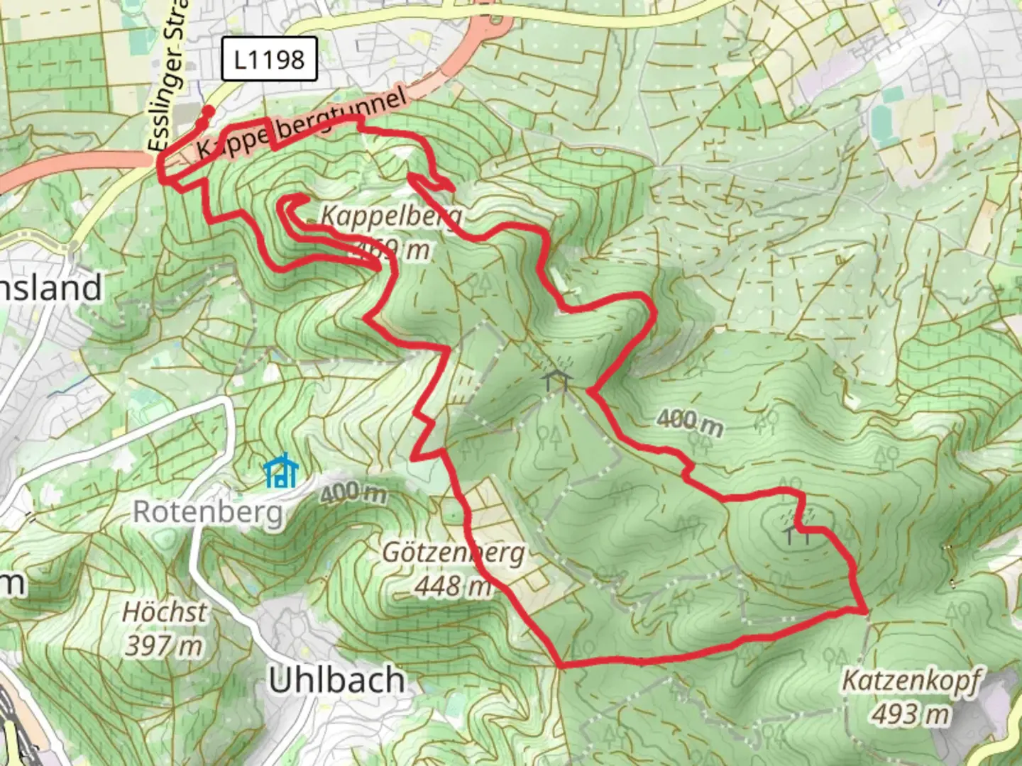An image depicting the trail Kernen Loop via Fellbach and its surrounding area.