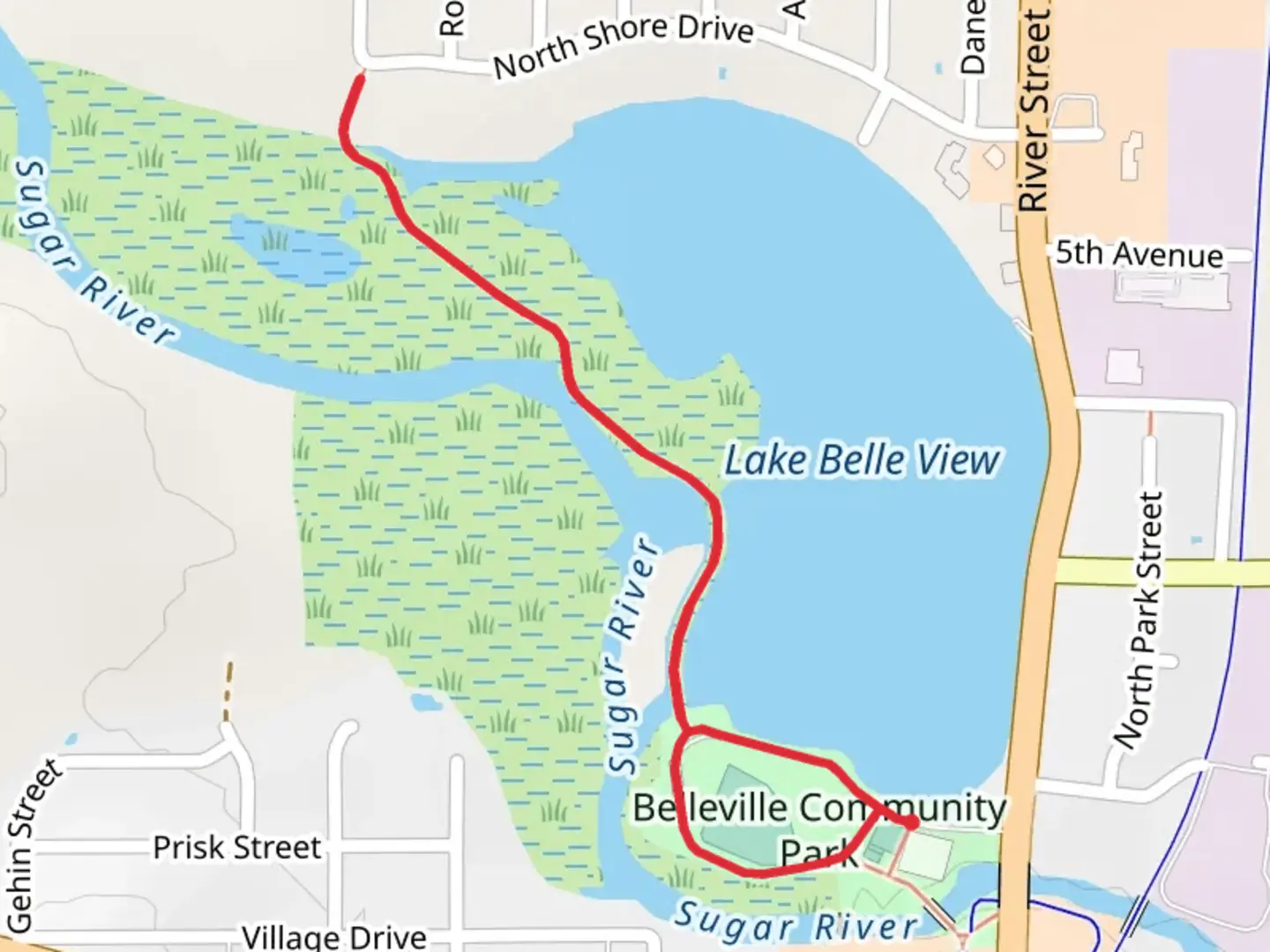 An image depicting the trail Belleville Community Park and Sugar River and its surrounding area.