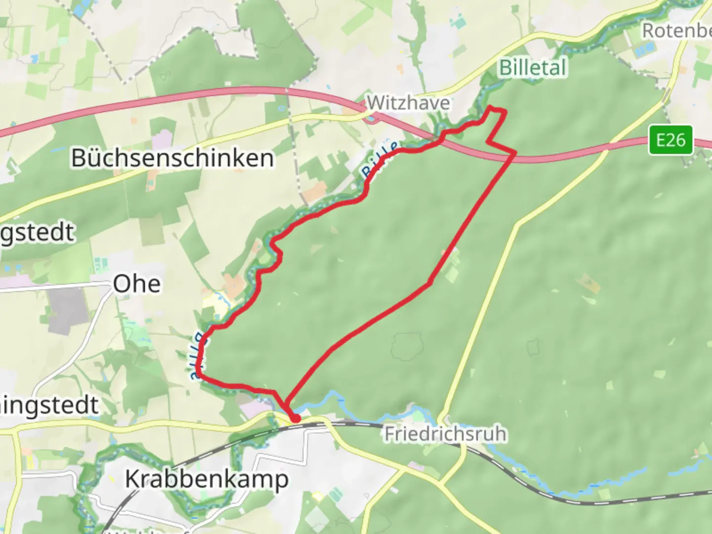 An image depicting the trail Fürstenbrücke, Witzhaver Berg and Lindenallee Loop and its surrounding area.