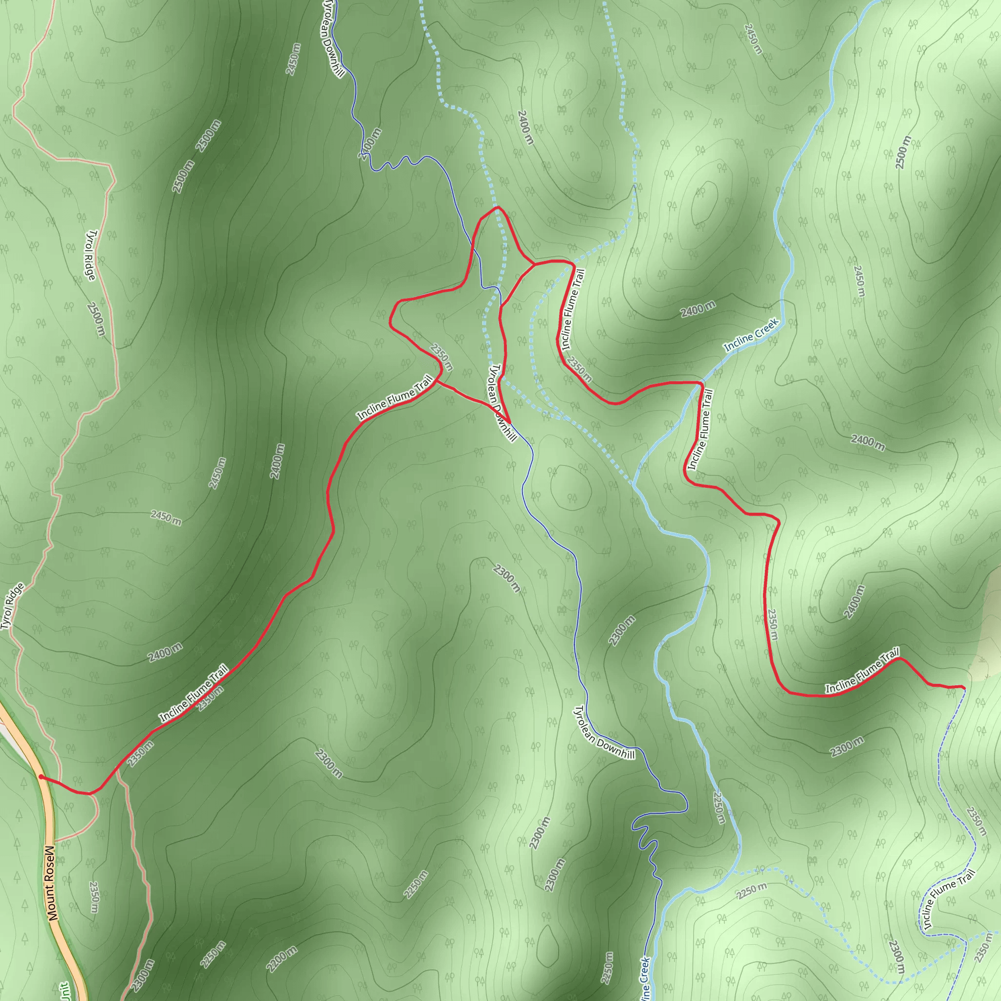 Incline Flume Trail and Tyrolean Downhill Shortcut mobile static map