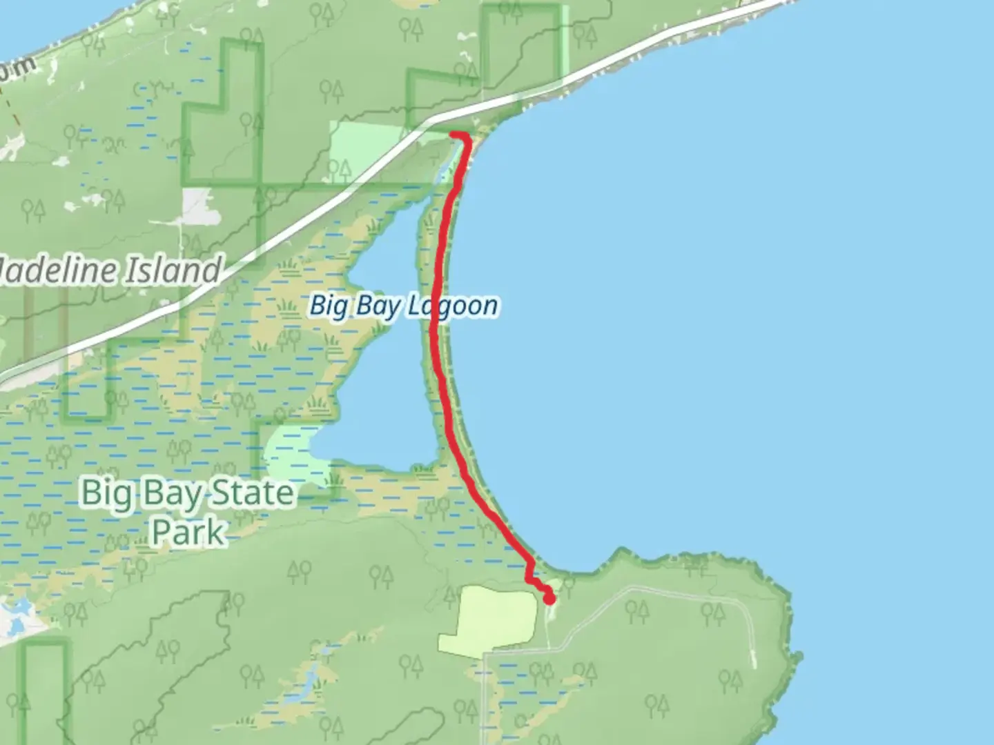 An image depicting the trail Big Bay State Park Campground and Boardwalk and its surrounding area.