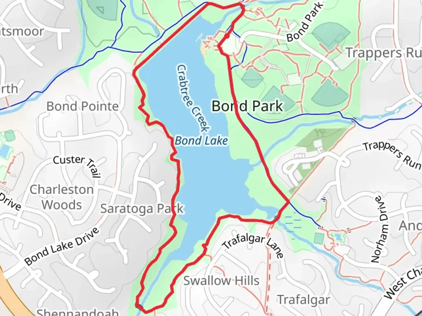 An image depicting the trail Bond Lake Loop and its surrounding area.