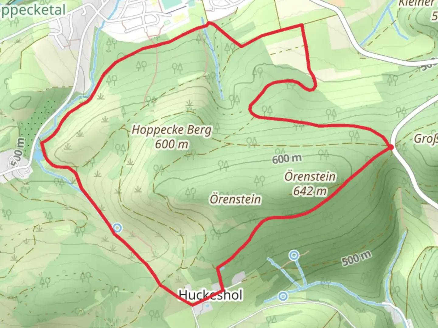An image depicting the trail Hoppecke-Berg Loop - Huckeshol and its surrounding area.