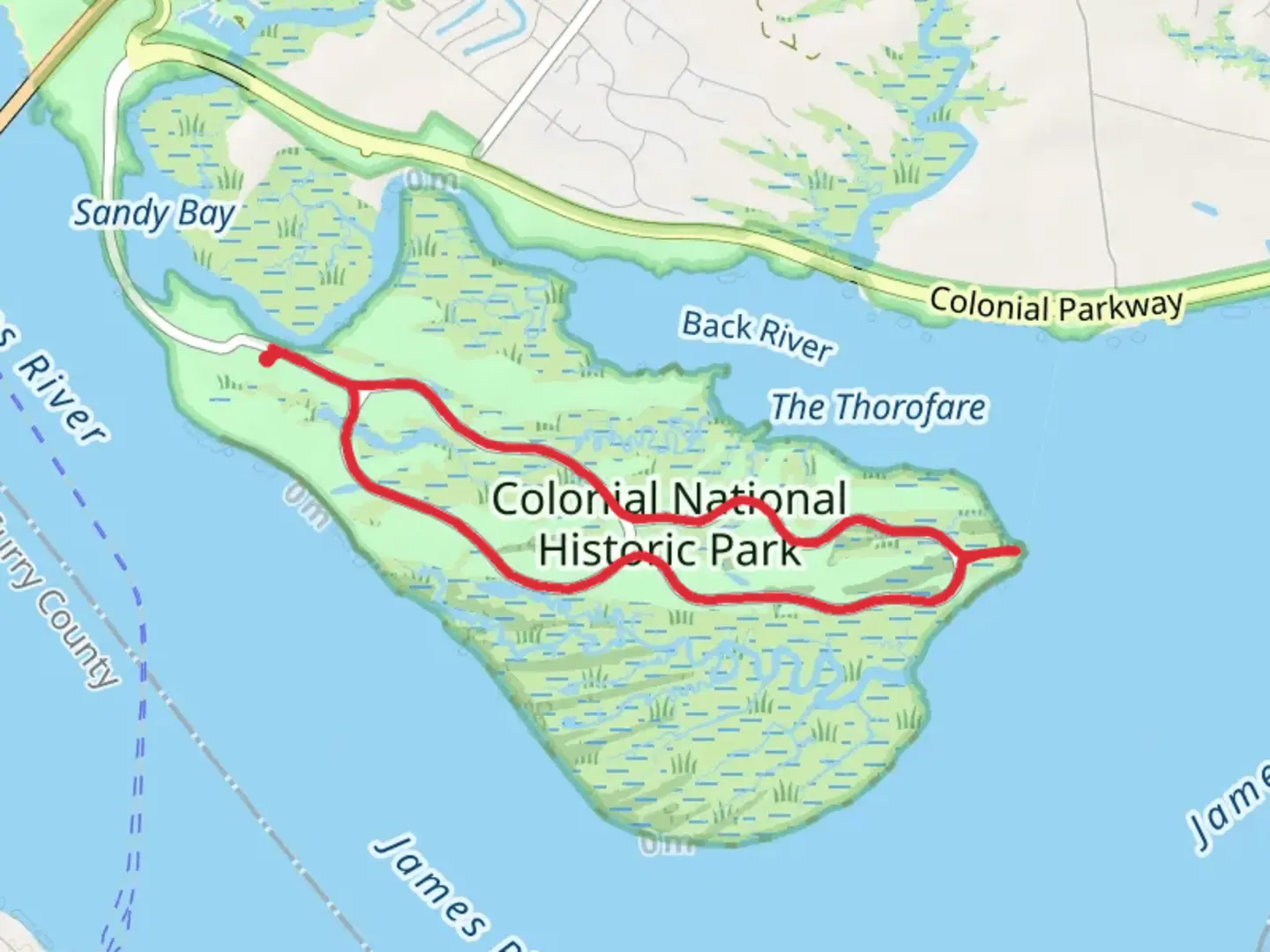 An image depicting the trail Colonial National Historic Park Loop and its surrounding area.