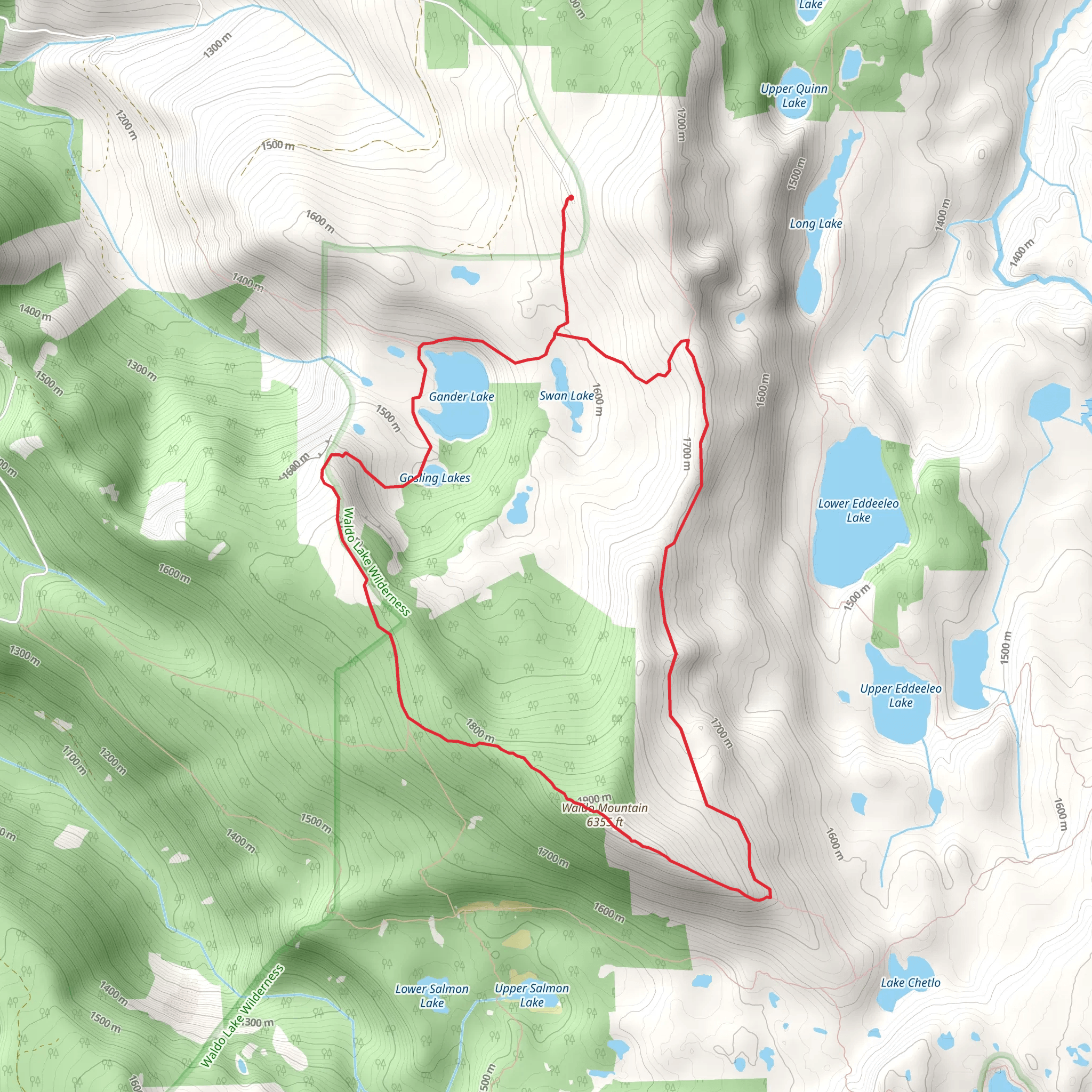 Waldo Mountain, Gander Lake and Swan Lake viaWinchester Ridge Trail mobile static map