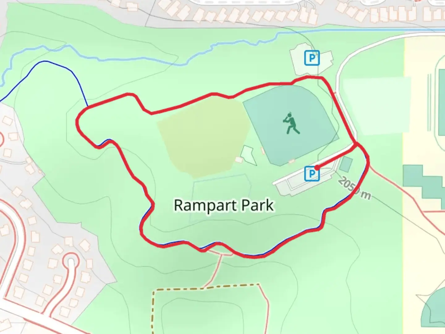 An image depicting the trail Rampart Park Loop and its surrounding area.