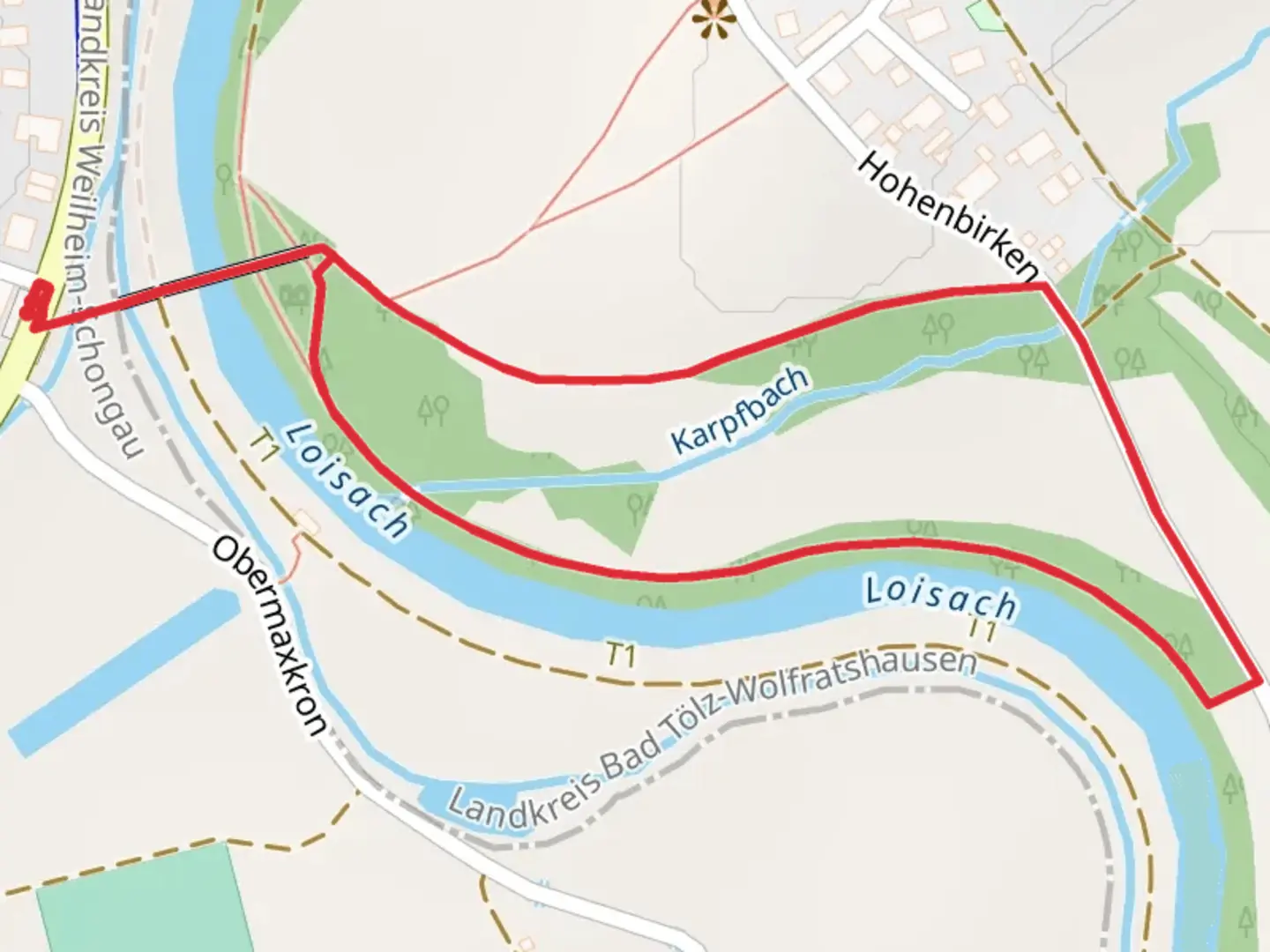 An image depicting the trail Loisachsteg Loop and its surrounding area.