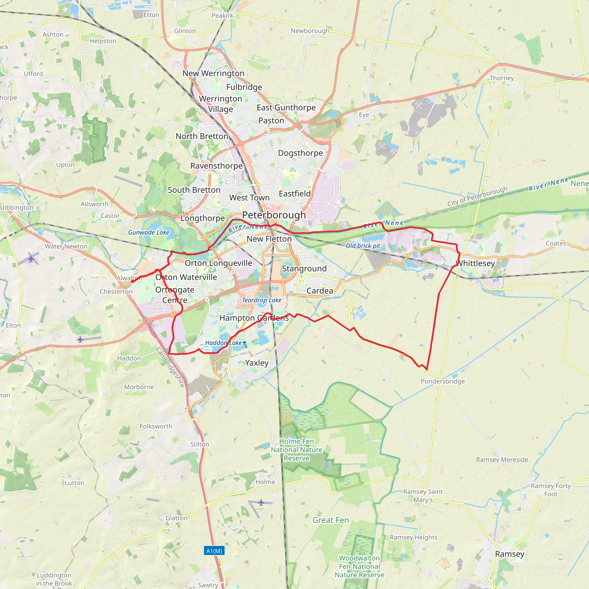 Alwalton, Farcet and Peterborough Loop via Old Brick Pit mobile static map