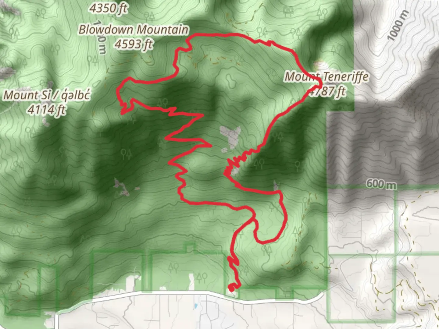 An image depicting the trail Kamikaze Trail and Mount Teneriffe Trail and its surrounding area.