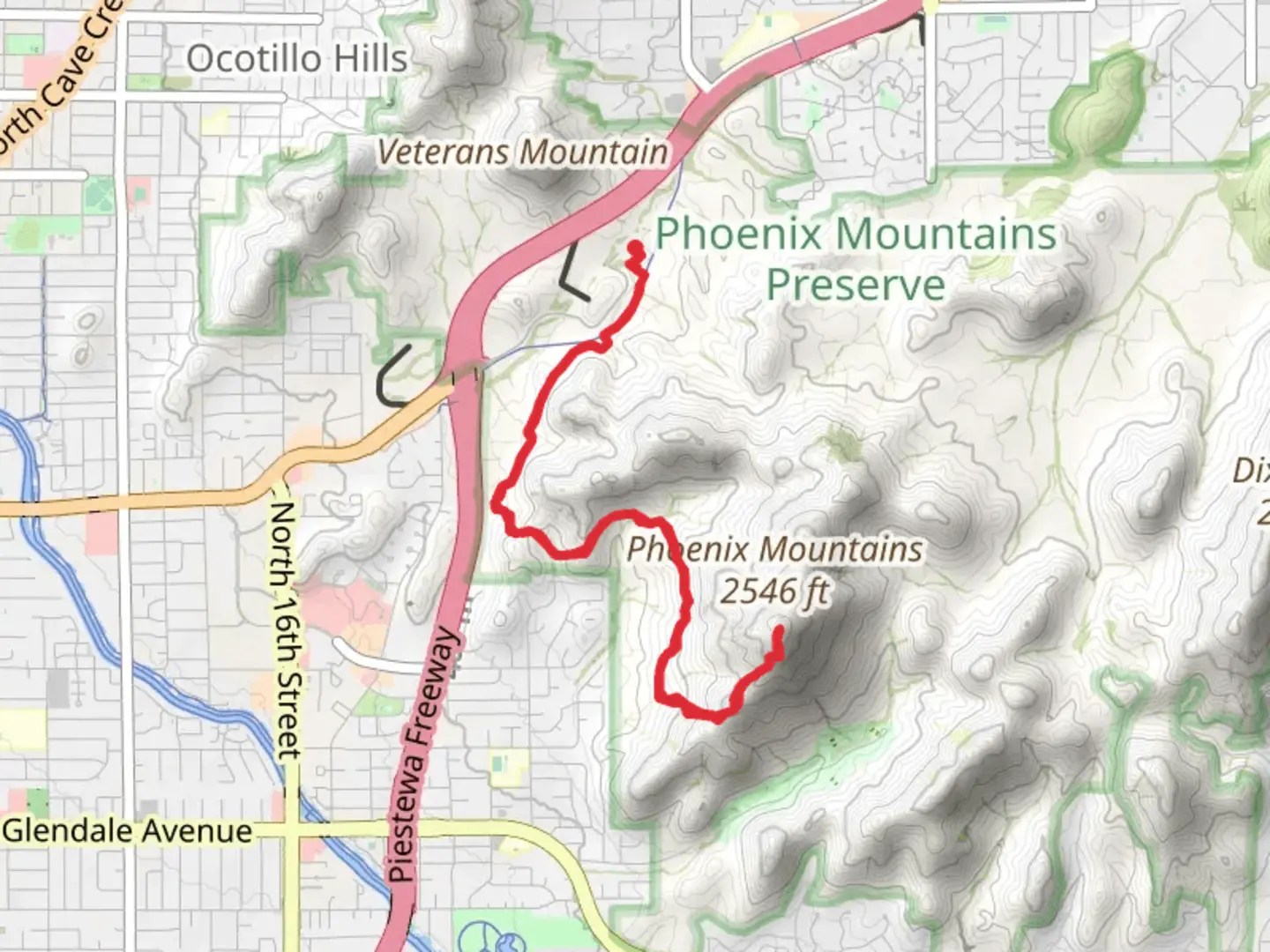 An image depicting the trail Piestewa Peak via Circumference Trial and its surrounding area.
