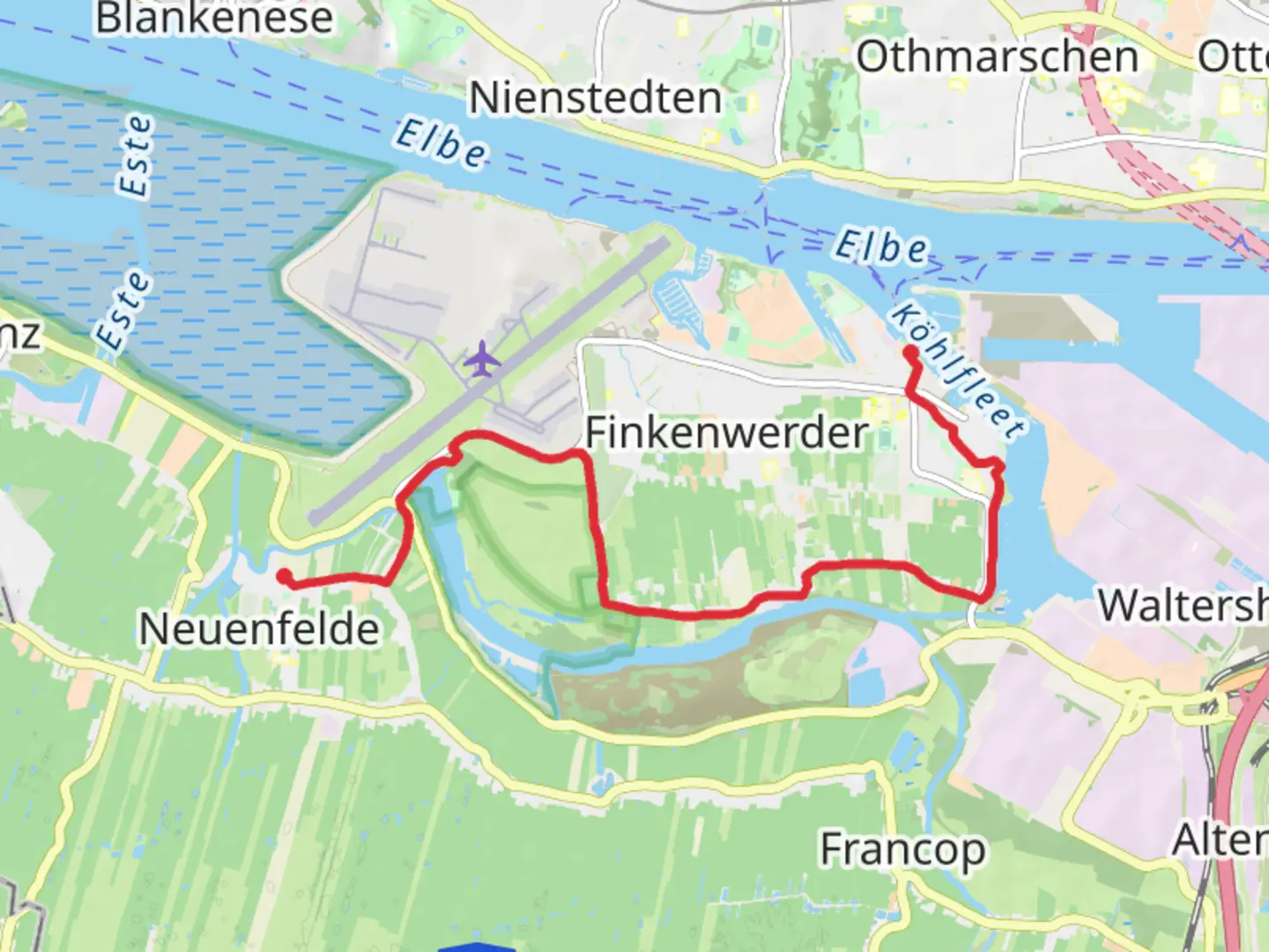 An image depicting the trail Neuenfelde to Koehlfleet via Finkenwerder Suederdeich and its surrounding area.