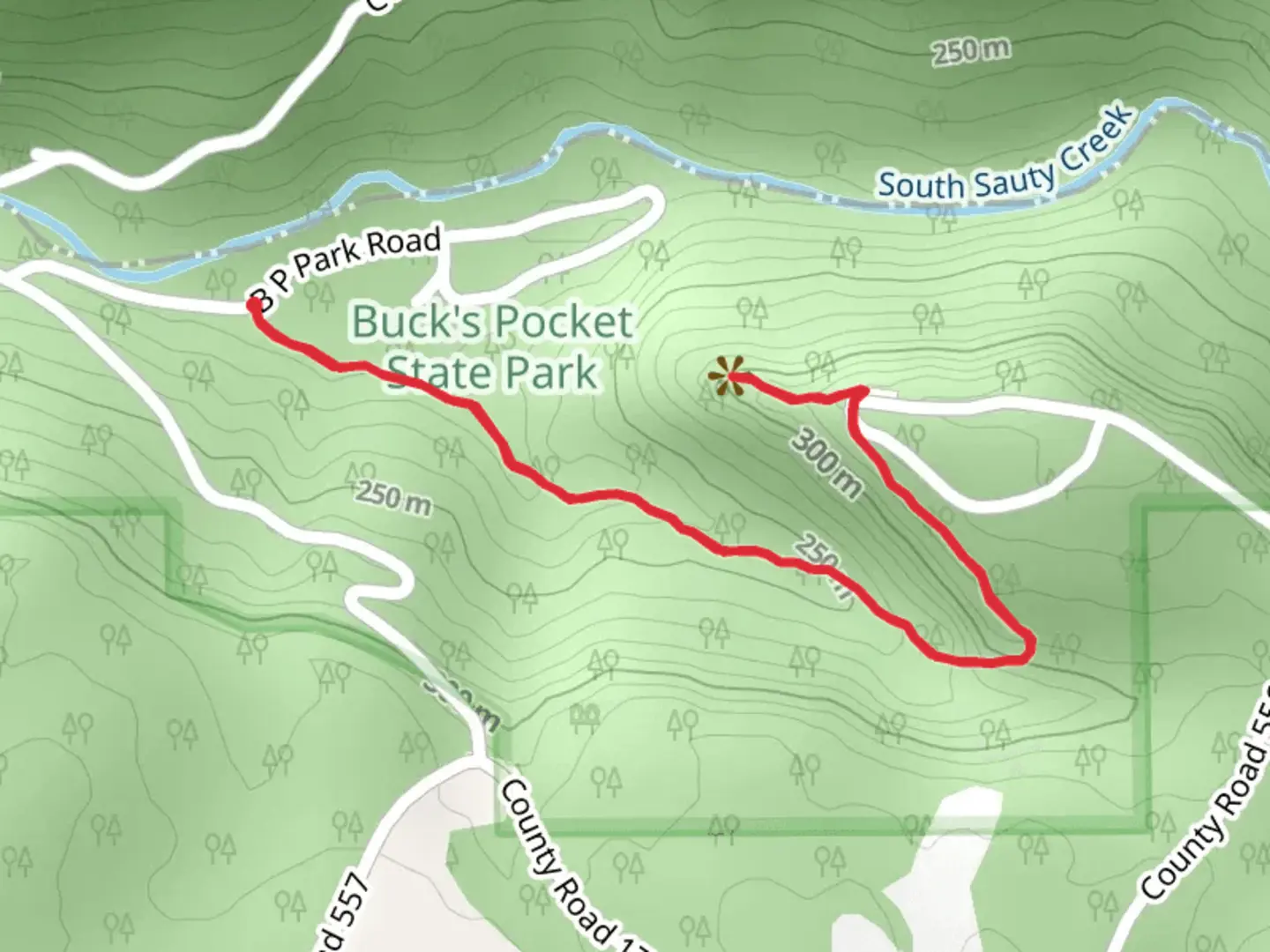 An image depicting the trail Buck's Pocket State Park and its surrounding area.
