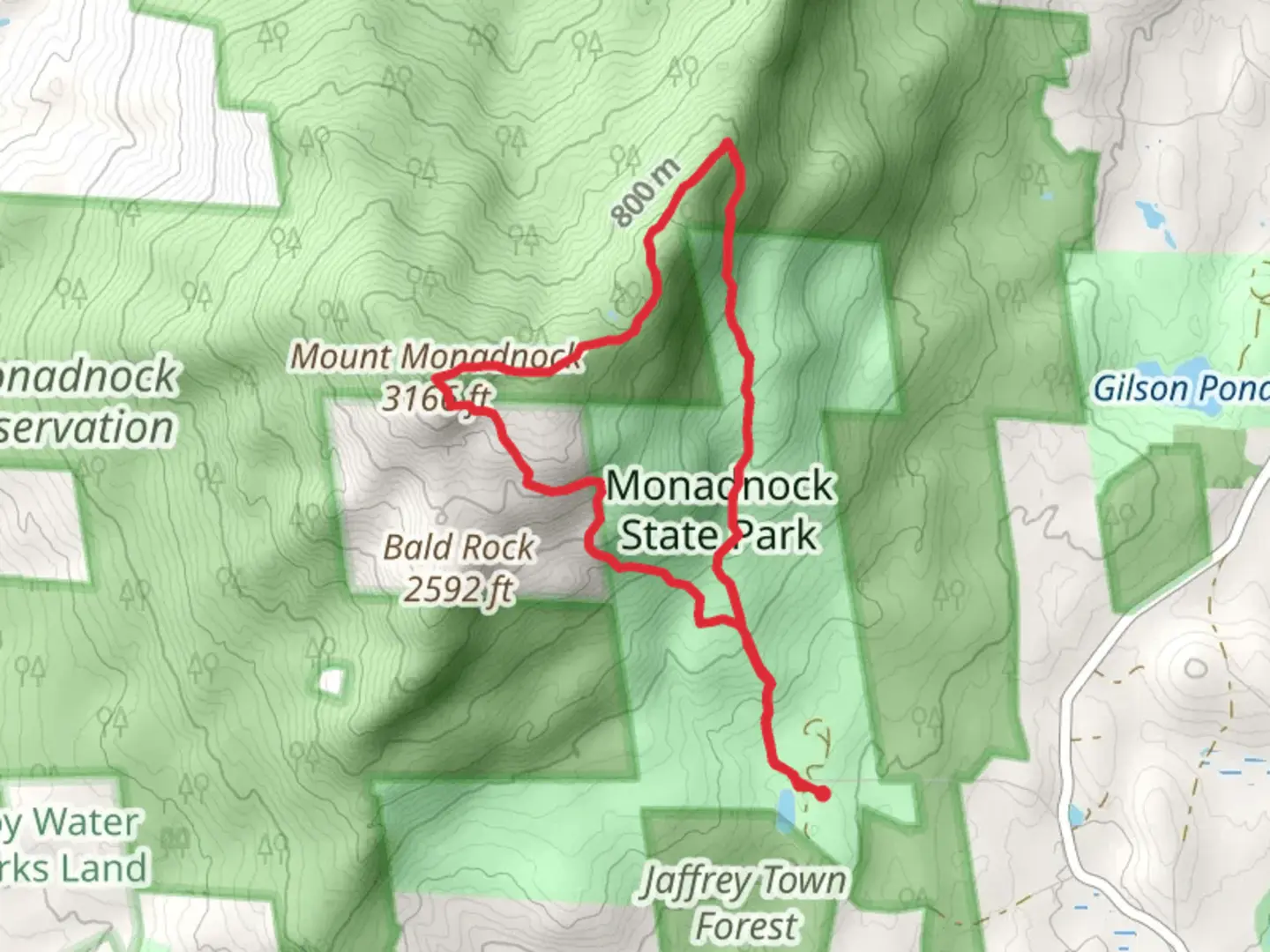 An image depicting the trail Mount Monadnock and Cascade Link Loop and its surrounding area.