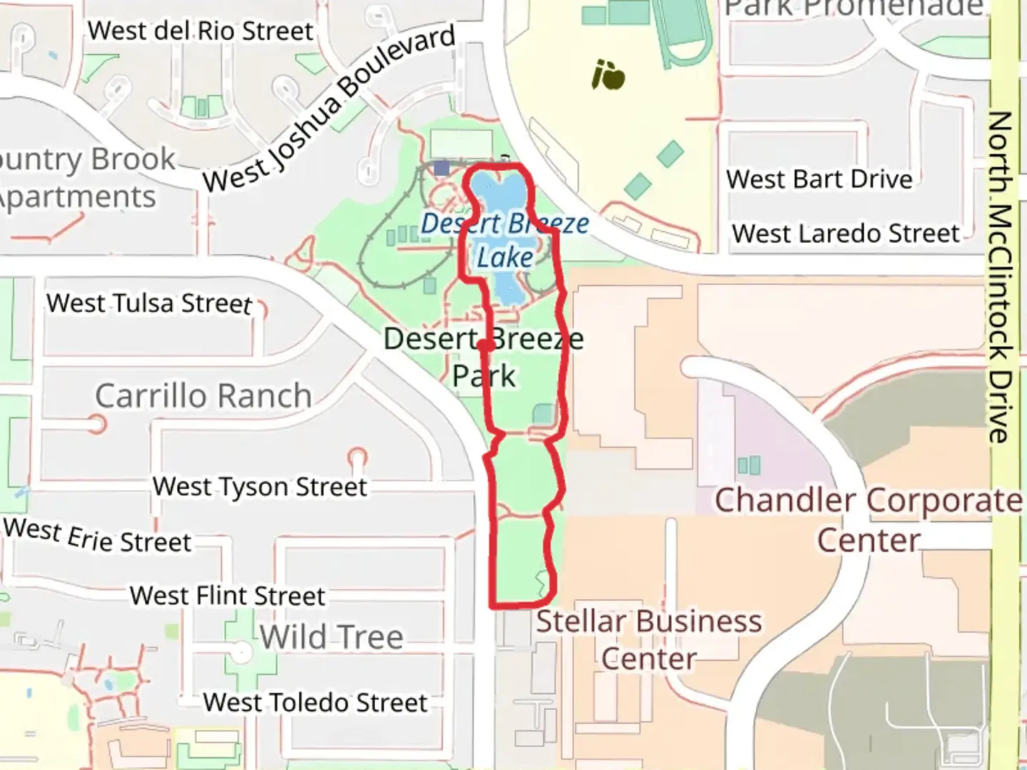 An image depicting the trail Desert Breeze Park and Lake Loop and its surrounding area.