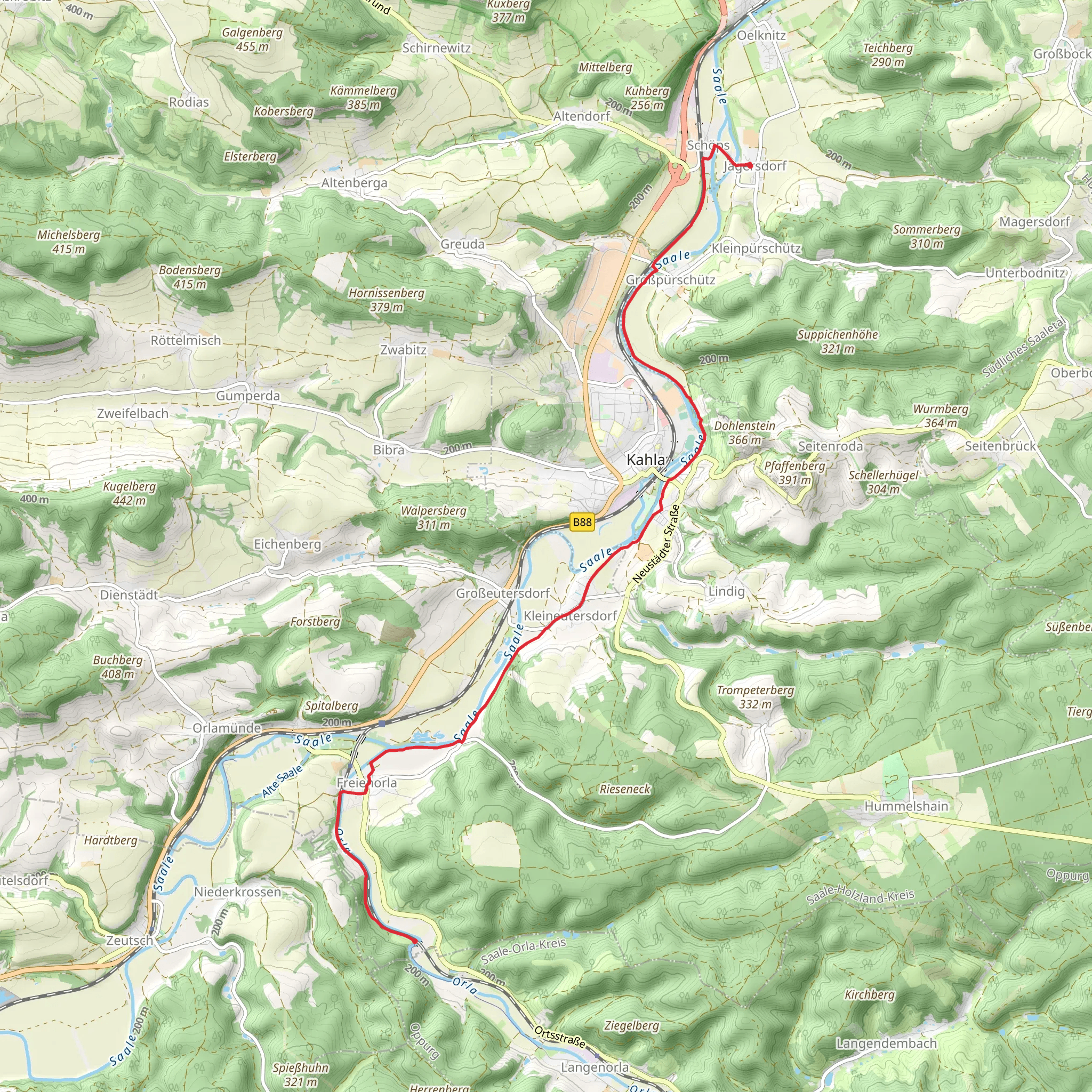 Schimmersbur to Jägersdorf via Kleineutersdorf - Leuchtenburg mobile static map