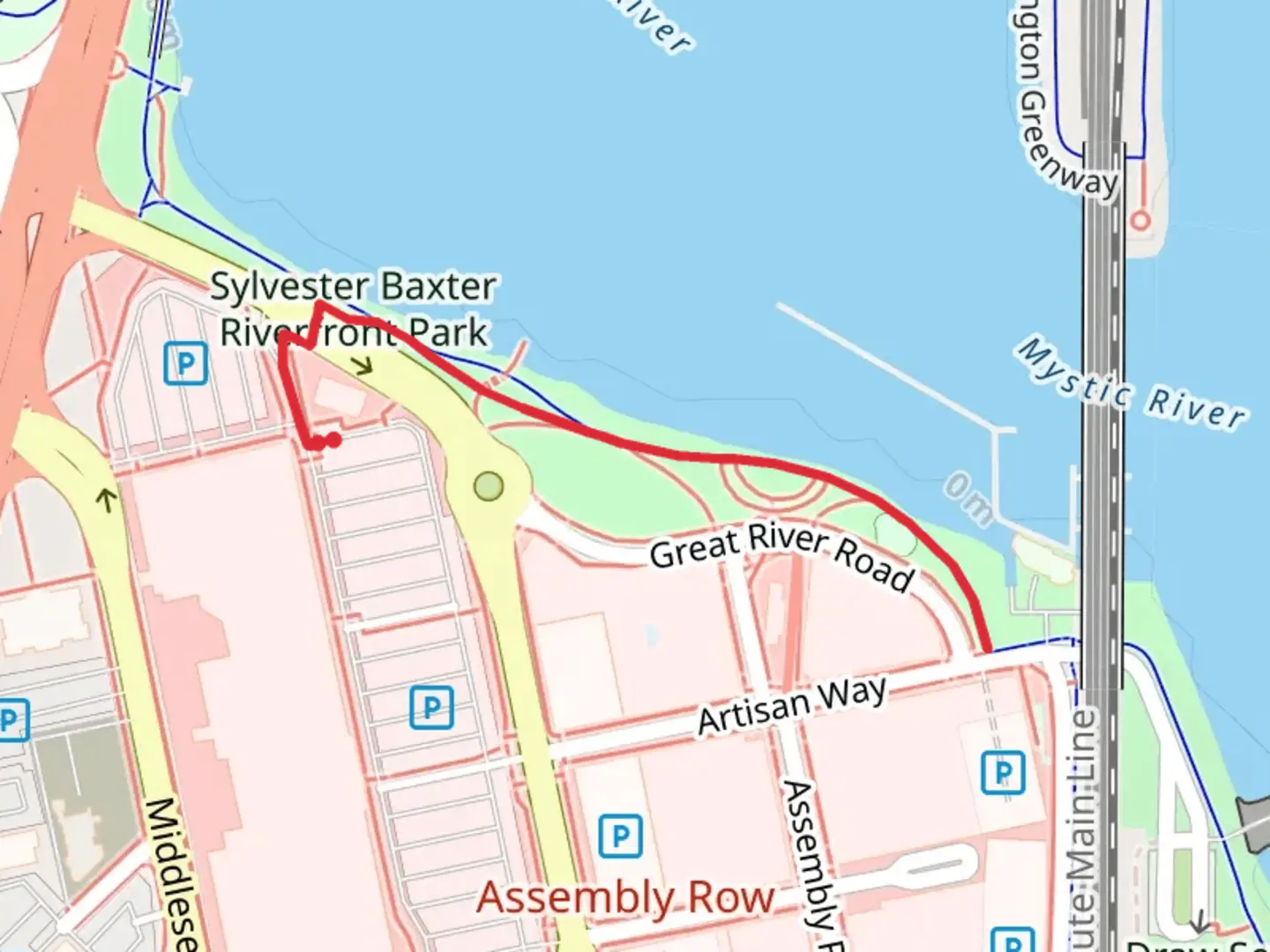 An image depicting the trail Sylvester Baxter Riverfront Park and its surrounding area.