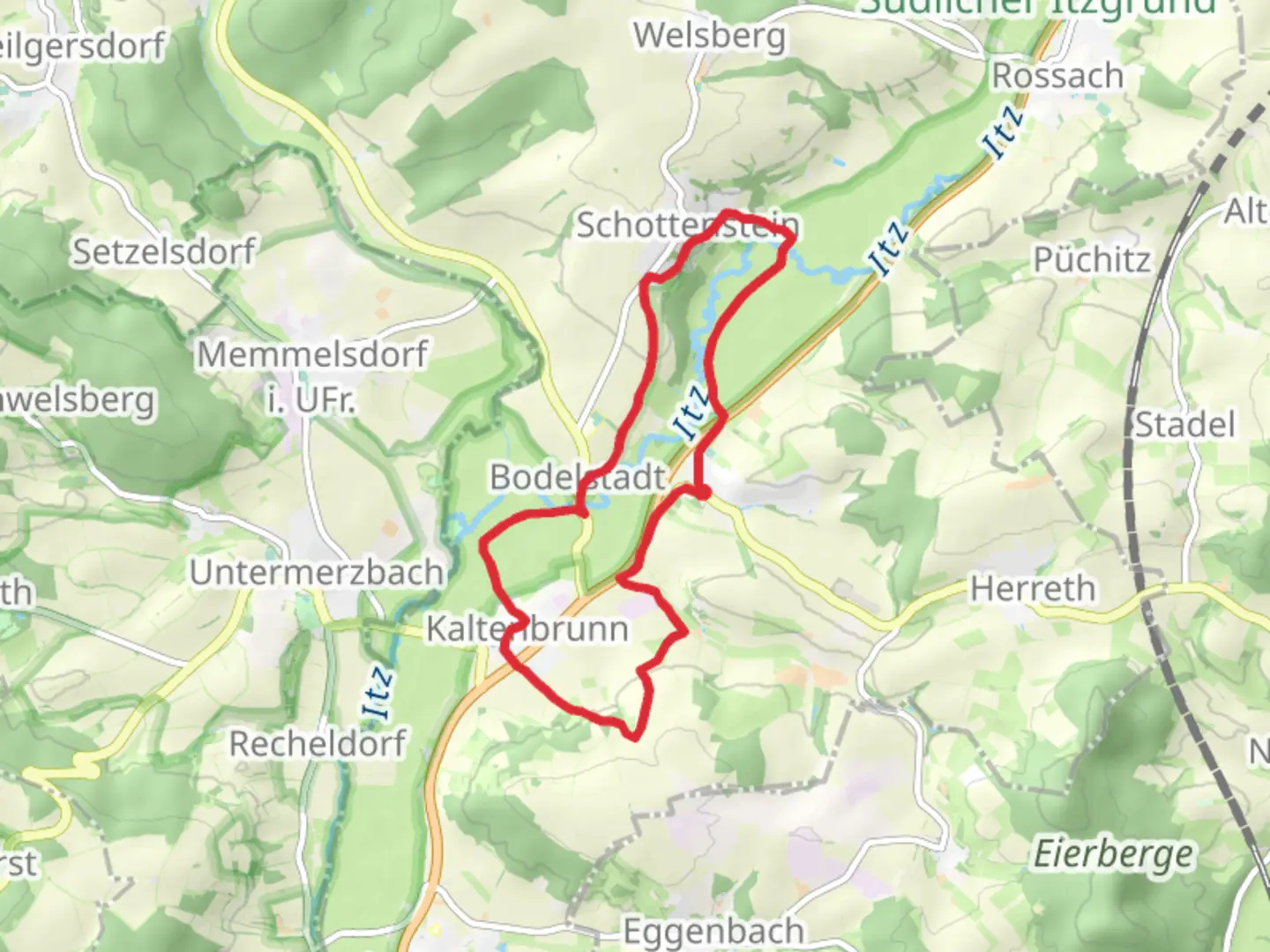 An image depicting the trail Rundwanderweg Storch Kaltenbrunn and its surrounding area.