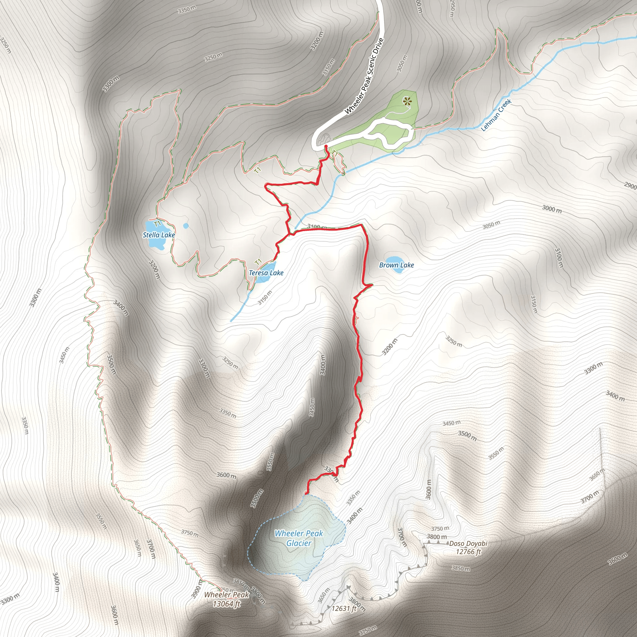 Wheeler Peak via Bristlecone and Glacier Trail mobile static map