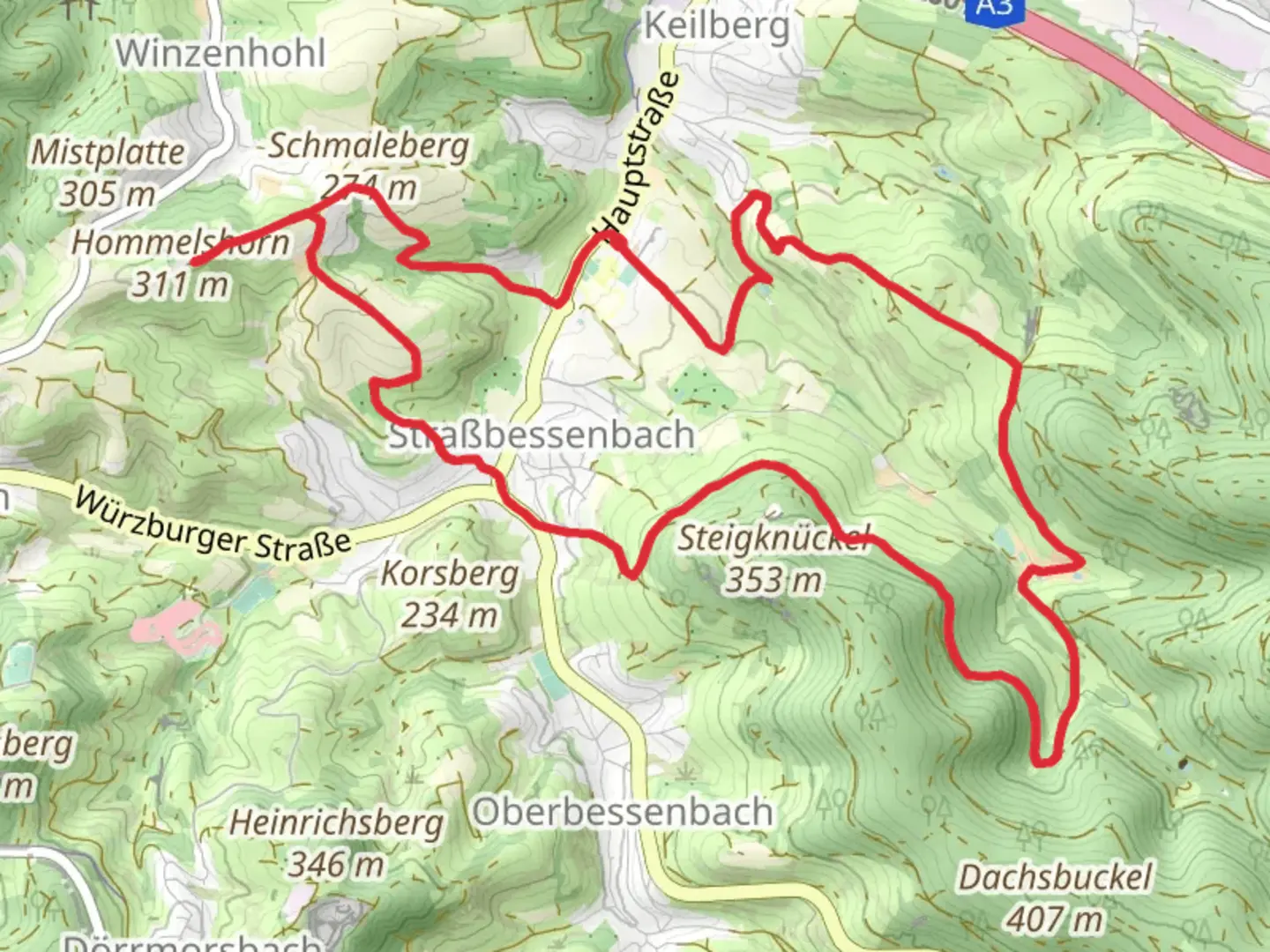 An image depicting the trail Kulturweg Bessenbach Loop and its surrounding area.