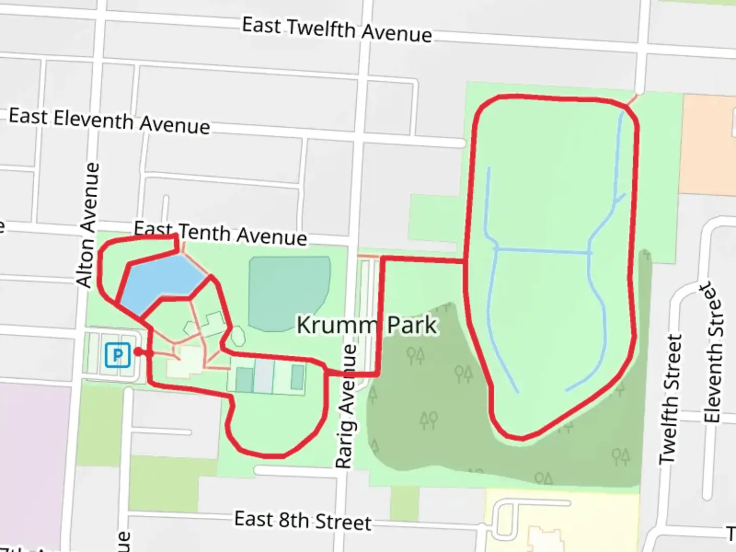 An image depicting the trail Krumm Park Loop and its surrounding area.