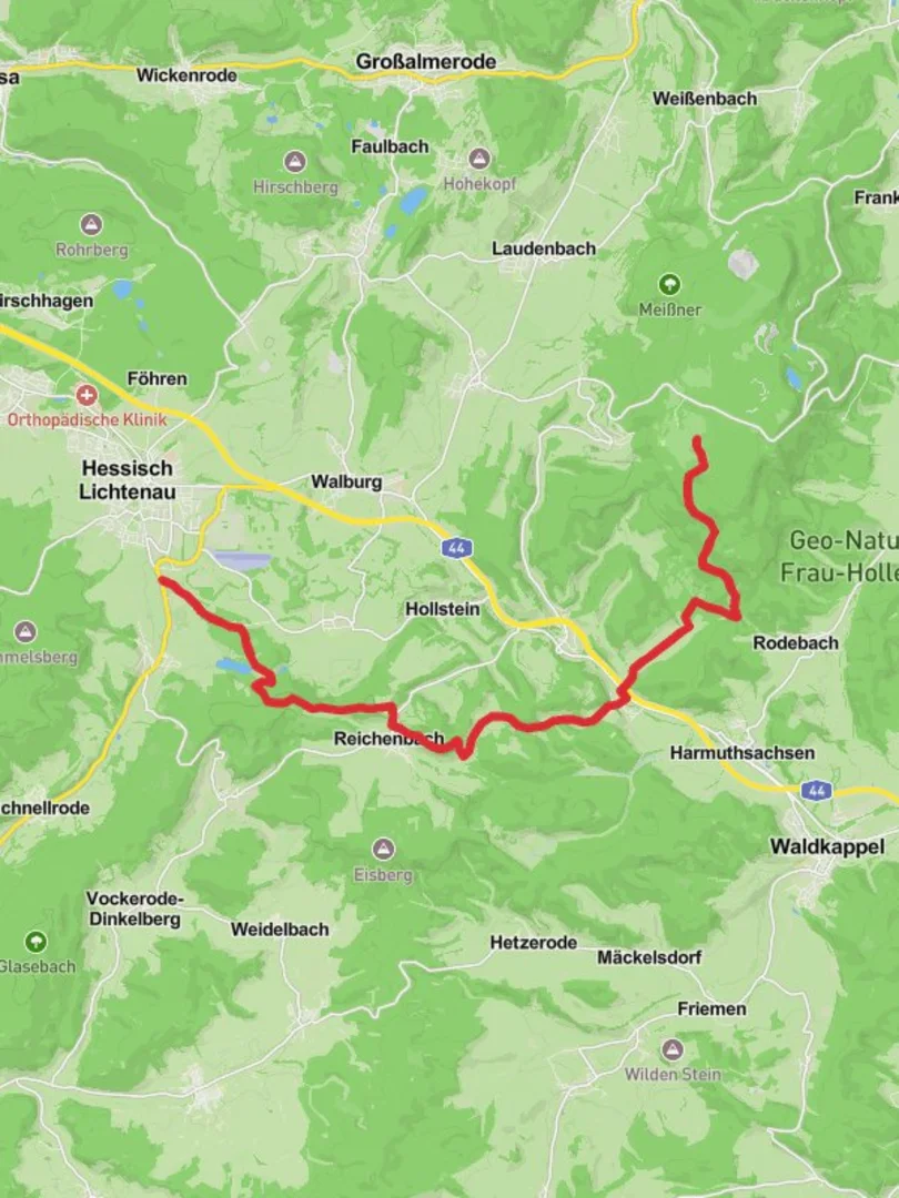 An image depicting the trail Hessisch Lichtenau to Hoher Meibner Walk and its surrounding area.