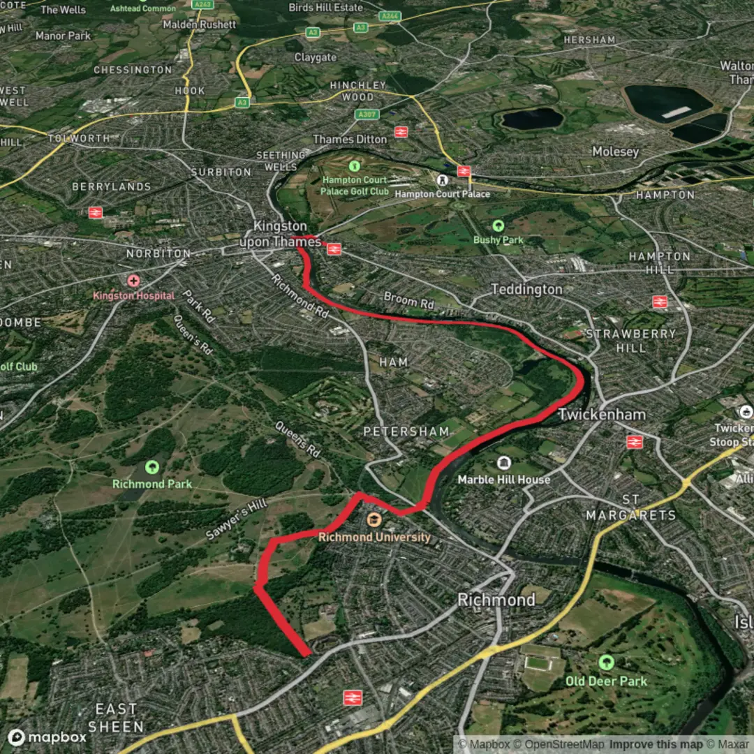 An image depicting the trail Richmond to Hampton Wick BR- riverside run and its surrounding area.