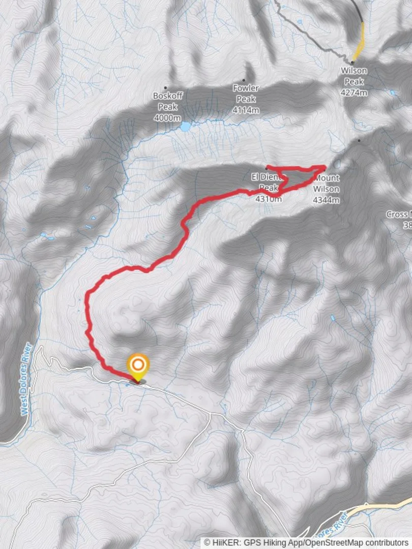 An image depicting the trail El Diente Peak and Mount Wilson via Kilpacker Trail and its surrounding area.