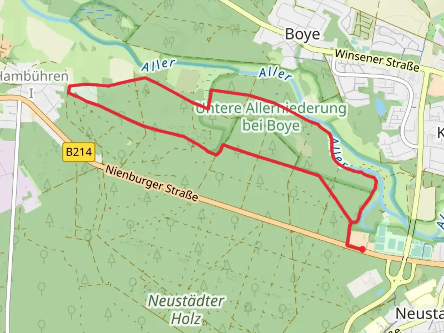 An image depicting the trail Untere Allerniederung bein Boye Short Loop and its surrounding area.