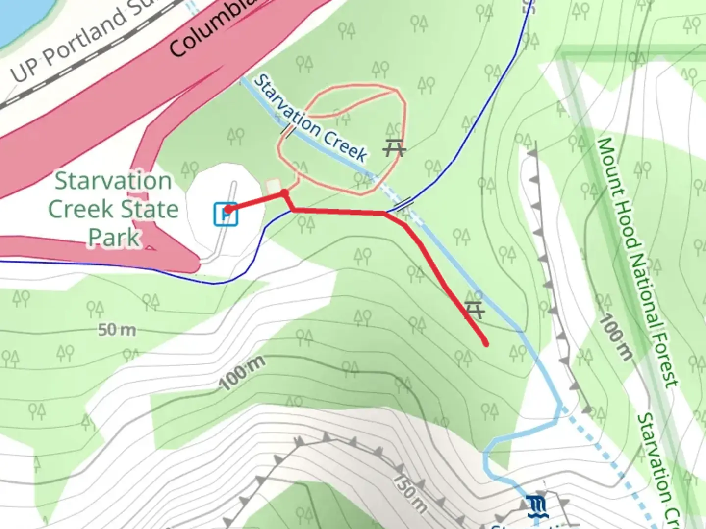 An image depicting the trail Starvation Creek Falls and its surrounding area.