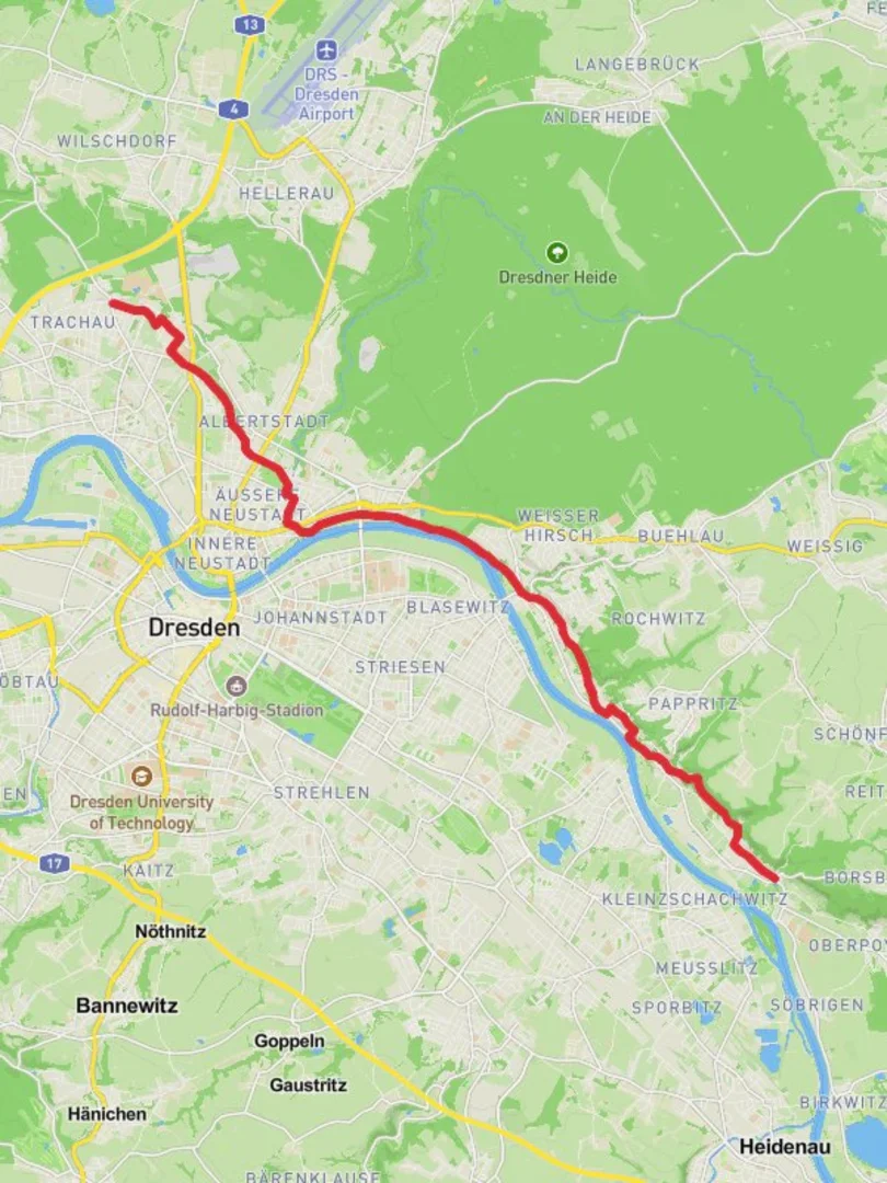 An image depicting the trail Pillnitz to Trachau Walk and its surrounding area.