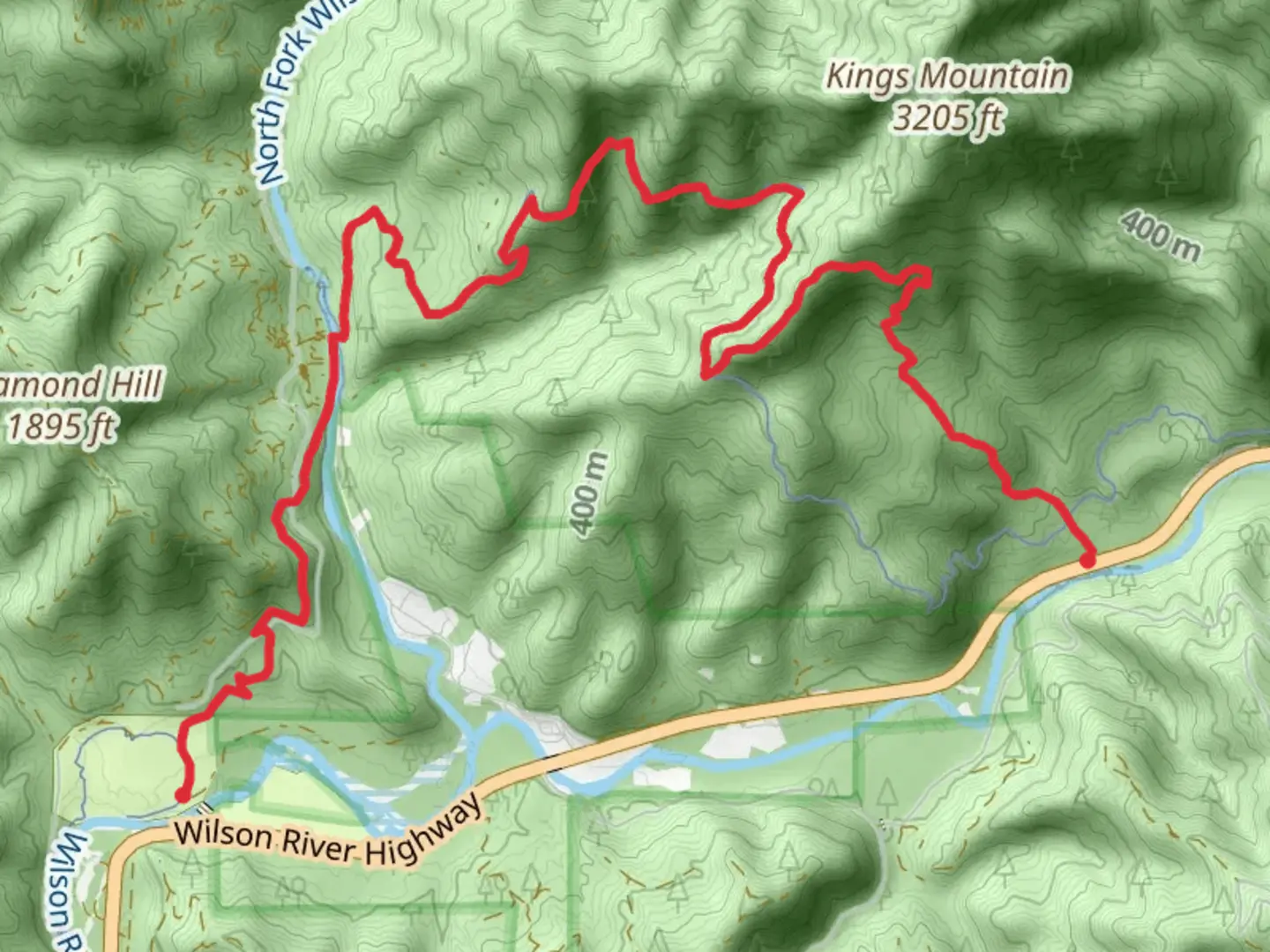 An image depicting the trail Wilson River Trail and Kings Mountain Trail and its surrounding area.
