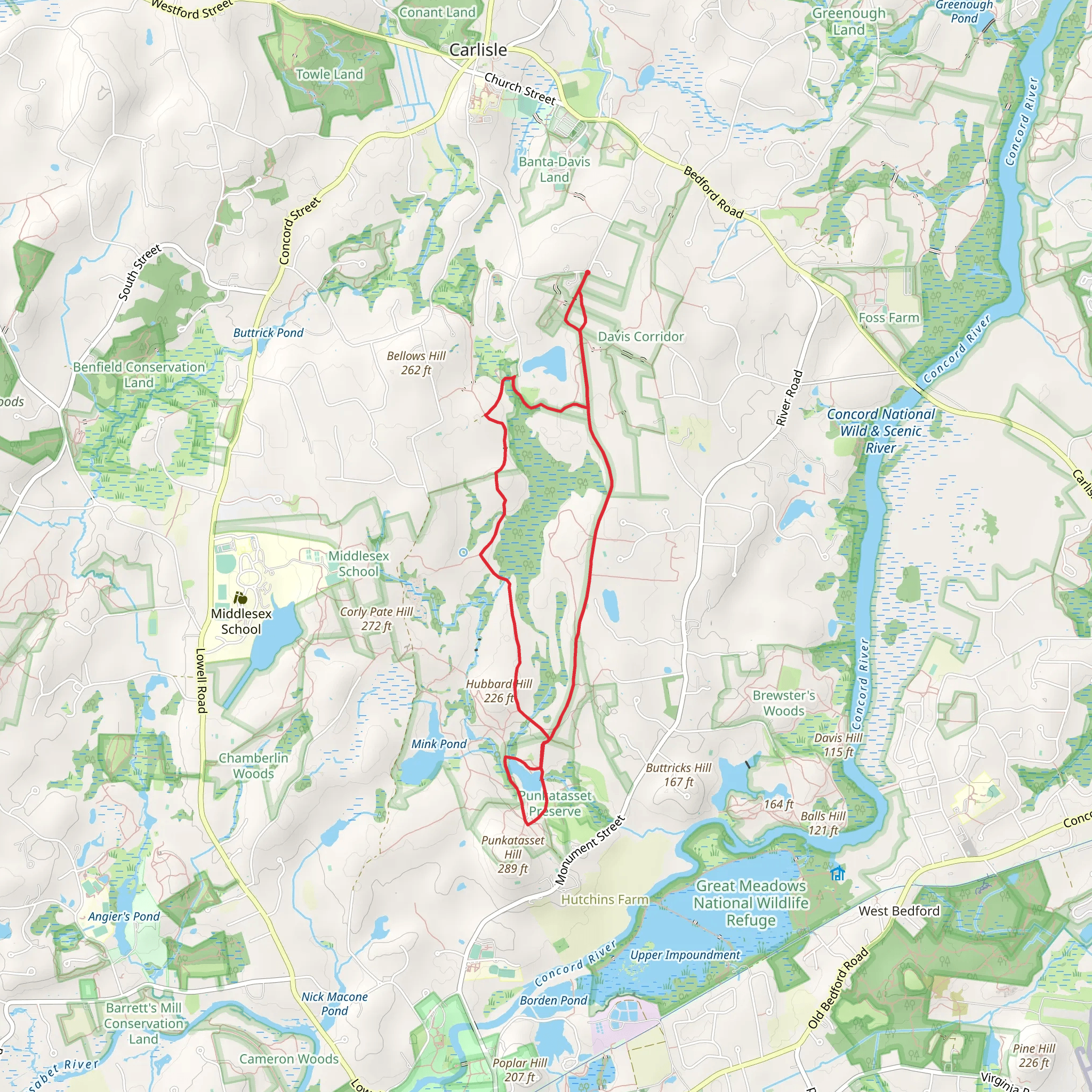 Hutchins Pond, East Hubbard Trail via Estabrook Concord Carlisle Trail mobile static map