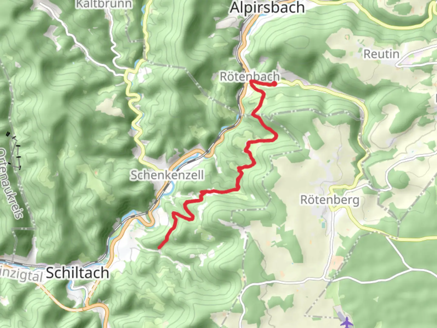 An image depicting the trail Schorenwald Walk from Rotenbach and its surrounding area.