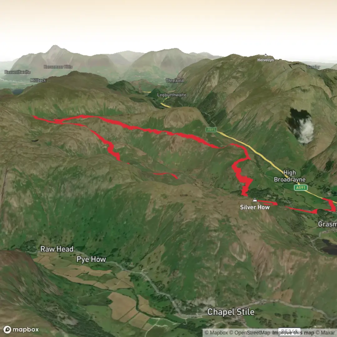An image depicting the trail Grasmere, Helm Crag, Gibson Knott, Calf Crag, Tarn Crag and Easdale Tarn loop and its surrounding area.