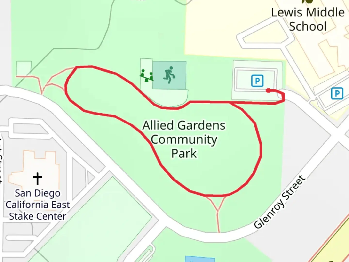 An image depicting the trail Allied Gardens Community Park Loop and its surrounding area.