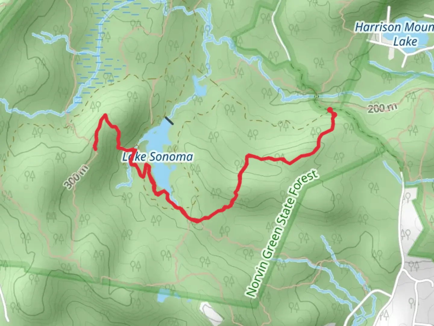 An image depicting the trail Lake Sonoma and Manaticut Point Trail and its surrounding area.