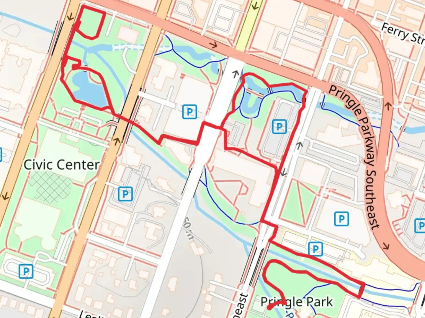 An image depicting the trail Pringle Park and Pringle Creek Walk and its surrounding area.