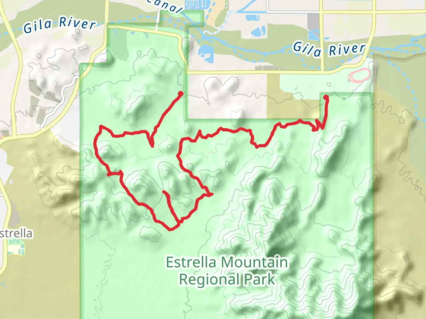 An image depicting the trail Maricopa Trail and Estrella Mountain Regional Park and its surrounding area.