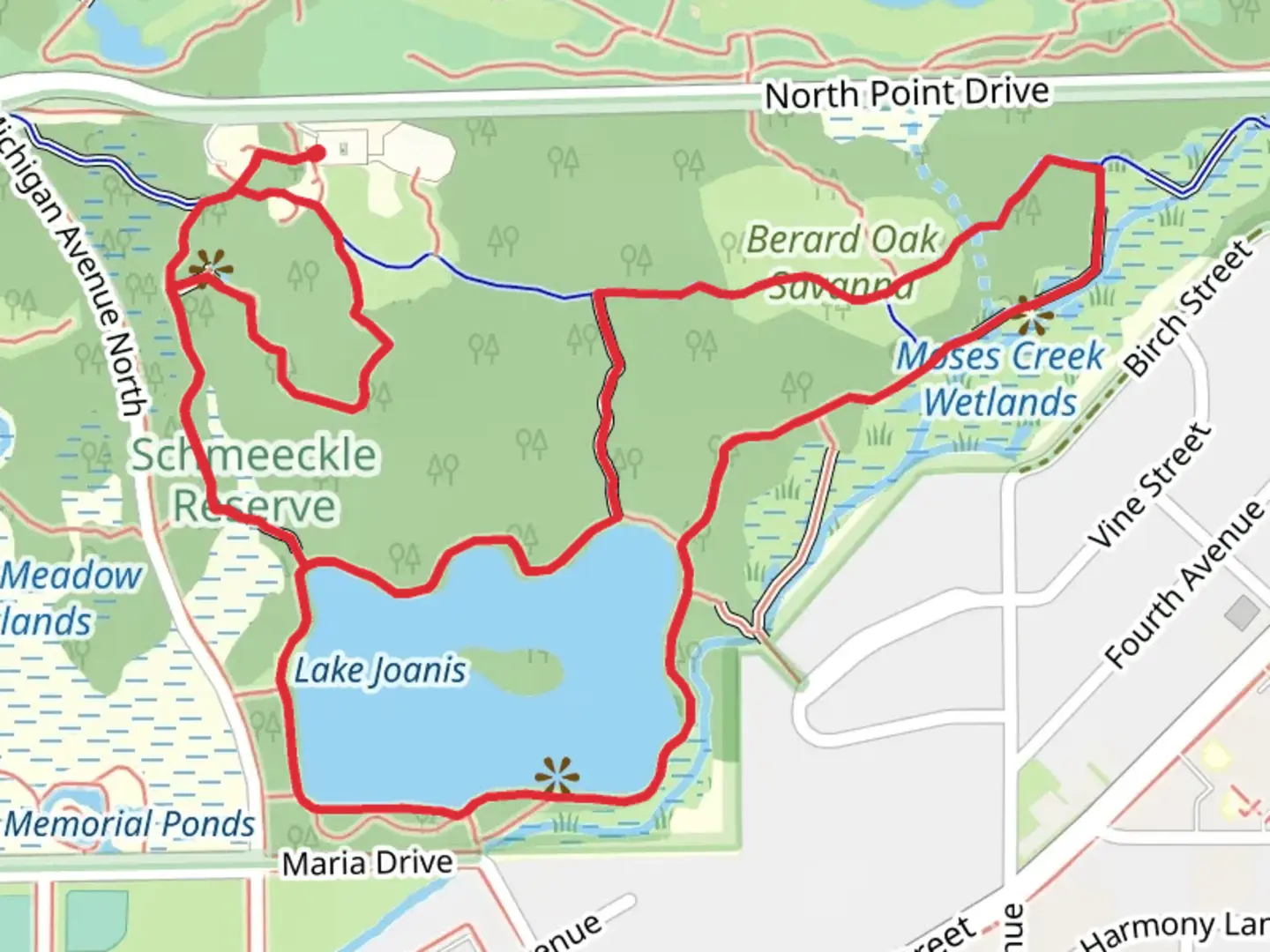 An image depicting the trail Lake Joanis via Trail of Reflections, Moses Creek Trail and Berard Oaks Loop Trail and its surrounding area.