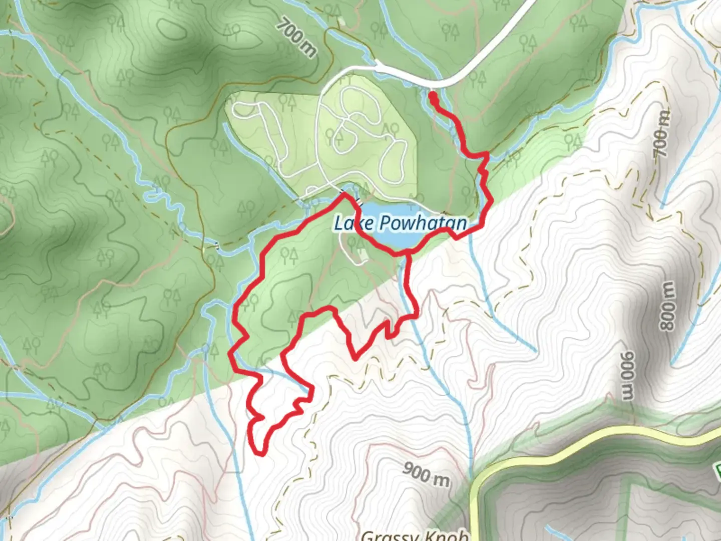 An image depicting the trail Lake Powhatan via Small Creek Trail and Pine Tree Loop and its surrounding area.