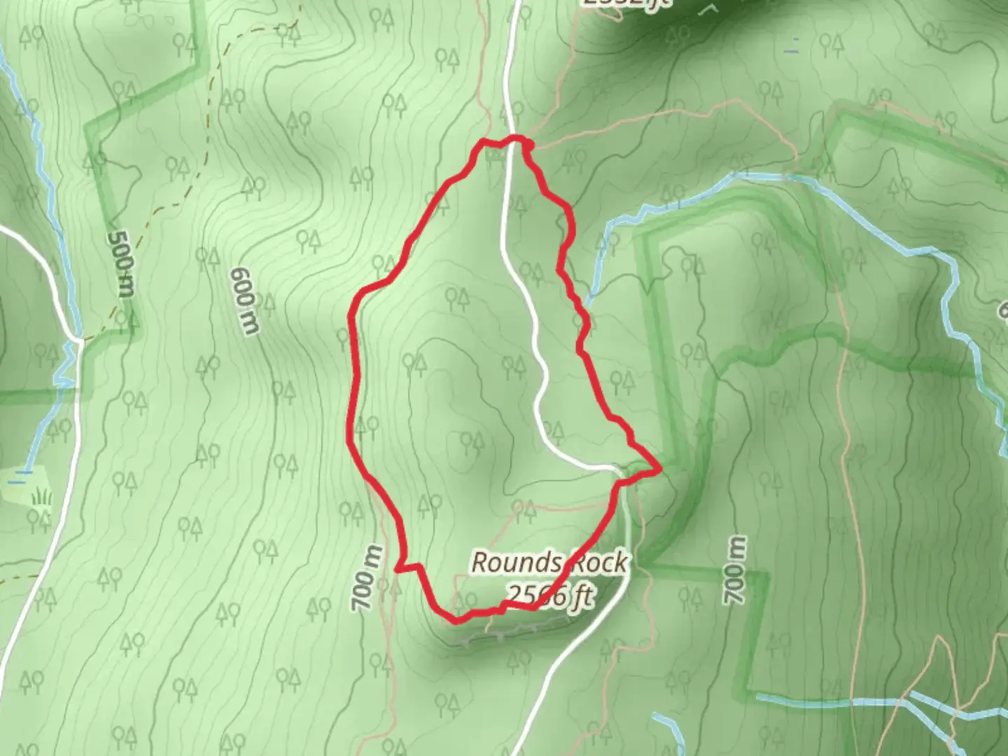 An image depicting the trail Rounds Rock via Rounds Rock Jones Nose Loop and its surrounding area.